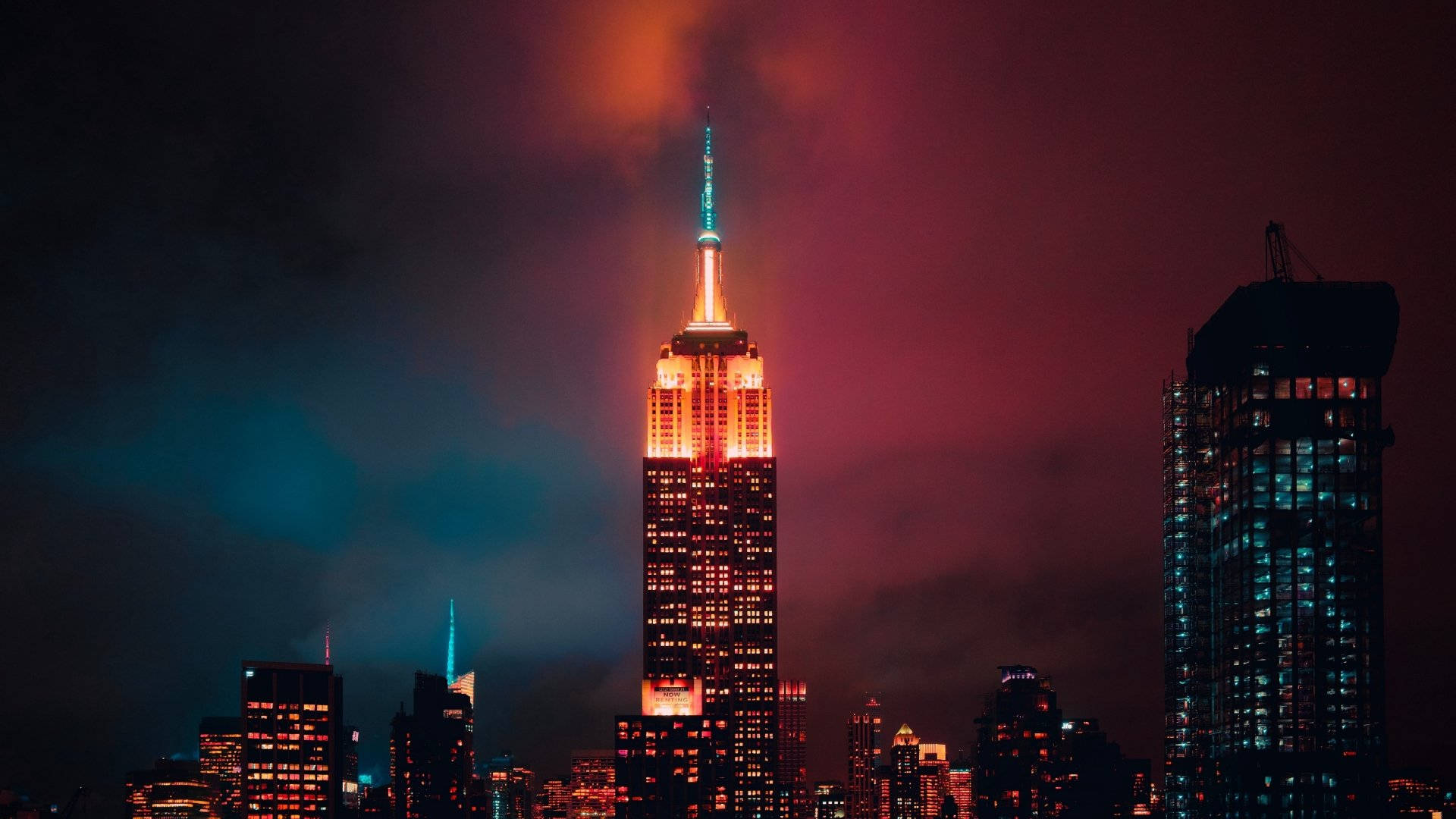 Empire State Building, twilight sky, orange clouds, Full HD Desktop Wallpaper