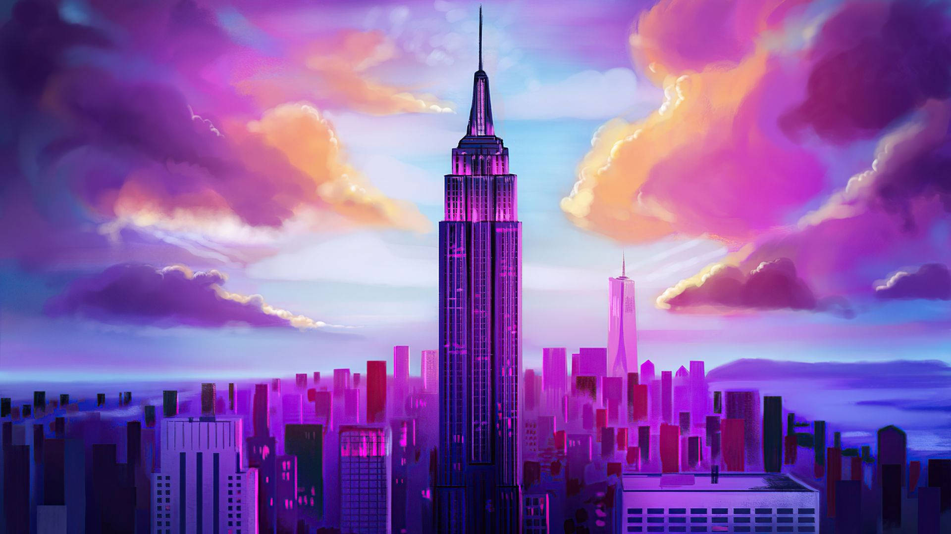 Empire State Building, pastel purple, sunset, Full HD Desktop Wallpaper