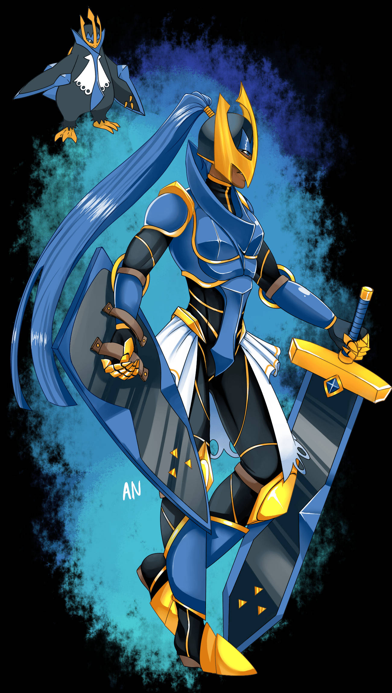 Empoleon, greatsword, blue and gold armored warrior, Full HD Phone Wallpaper