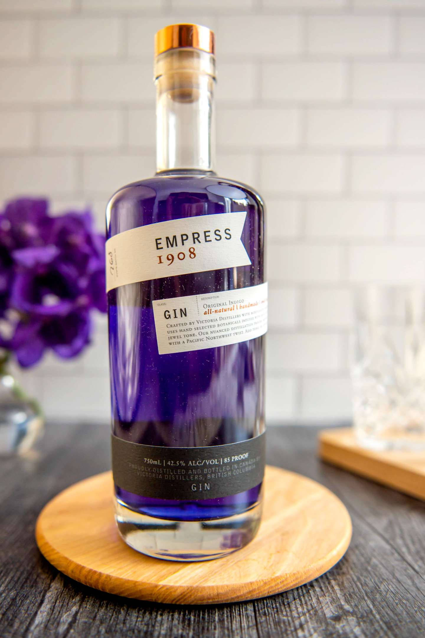 Empress 1908, purple gin bottle, wooden coaster, Full HD Phone Wallpaper