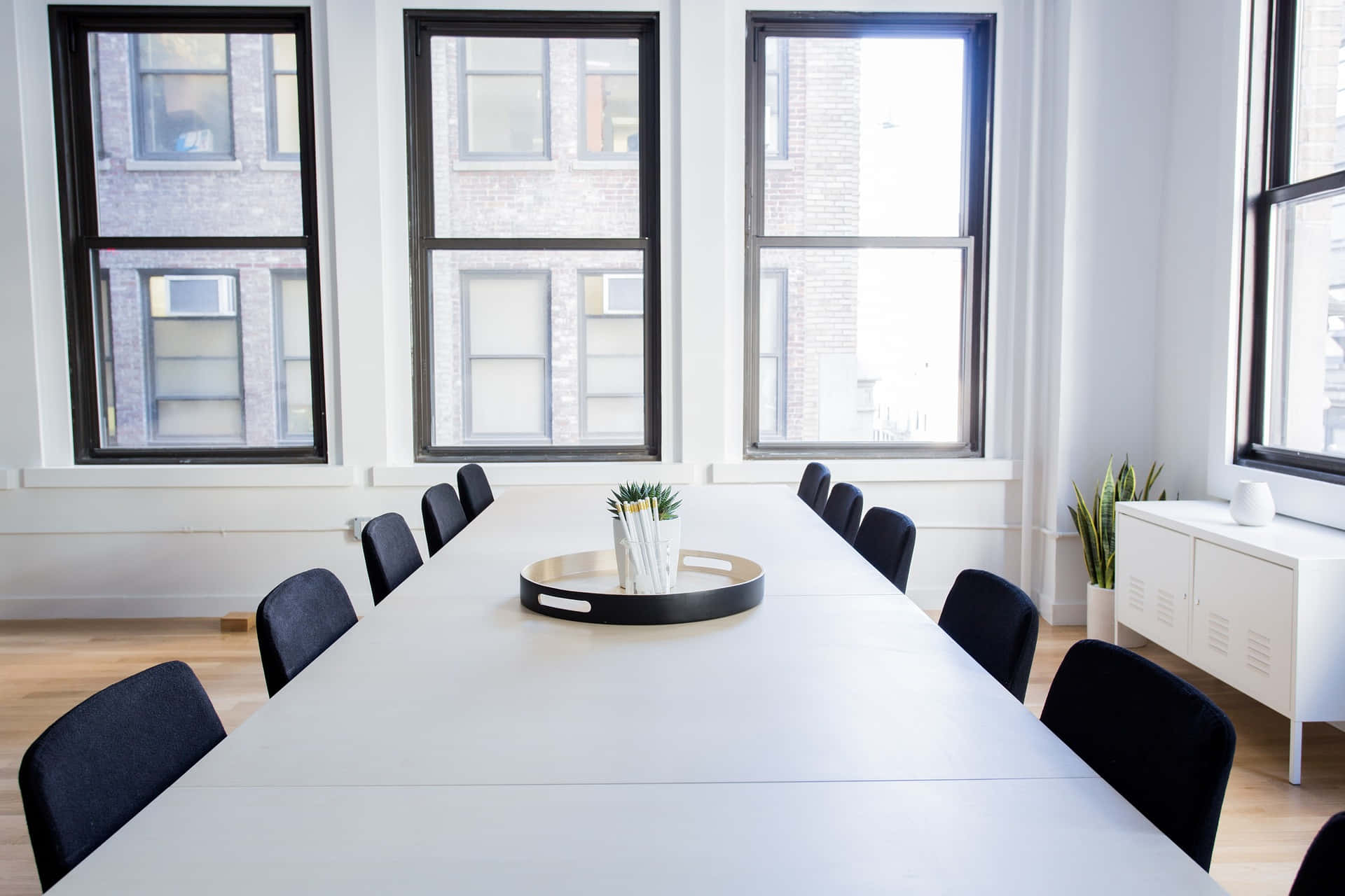 empty conference room, long white table, black chairs, Full HD Desktop Wallpaper