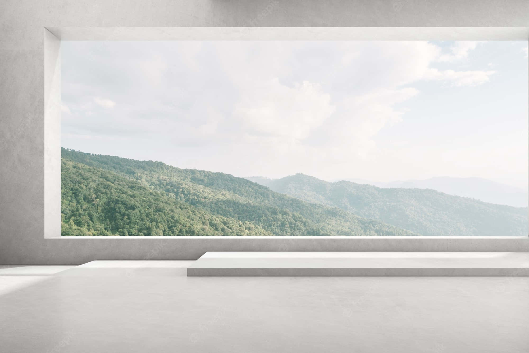 mountain range, concrete room, large window, Full HD Desktop Wallpaper