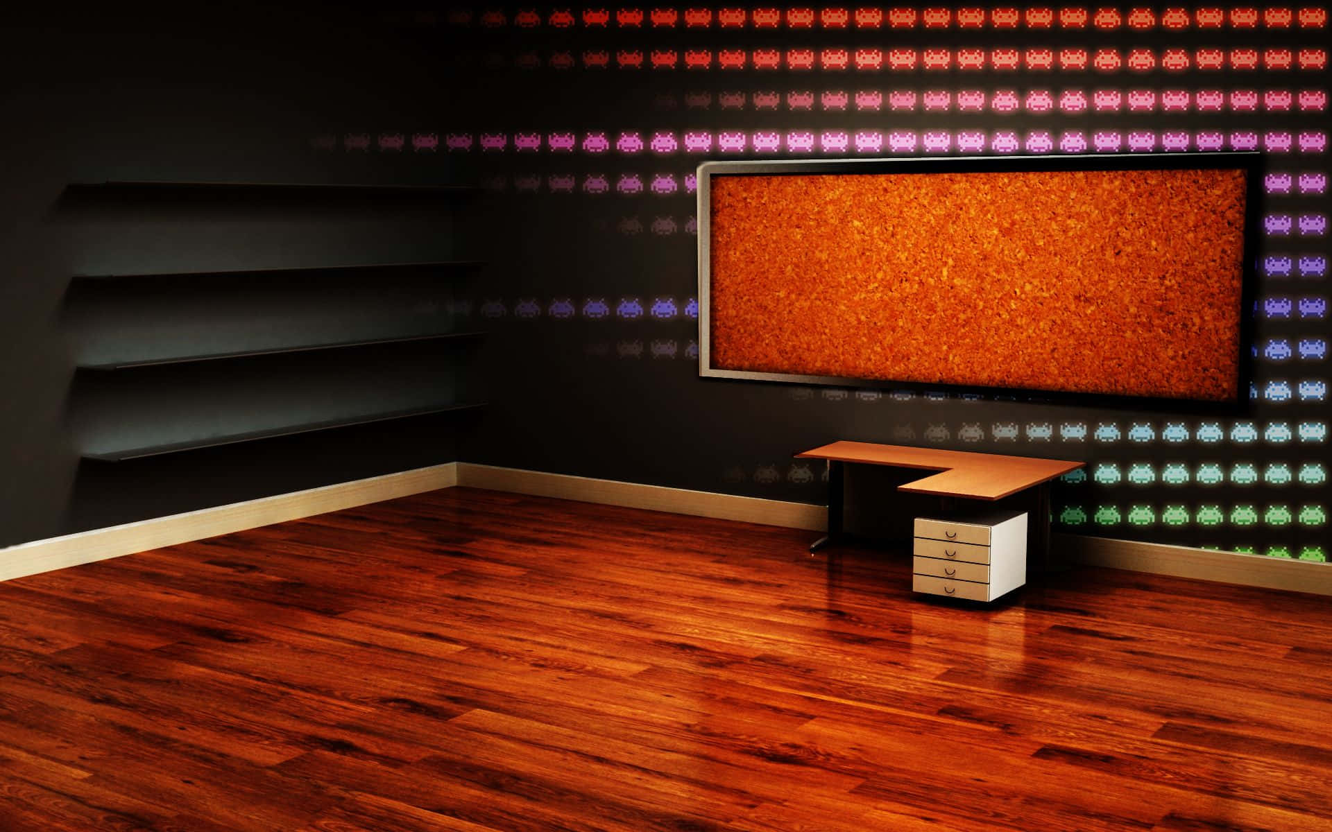 gamer office, retro gaming room, glowing pixelated ghosts, Full HD Desktop Wallpaper