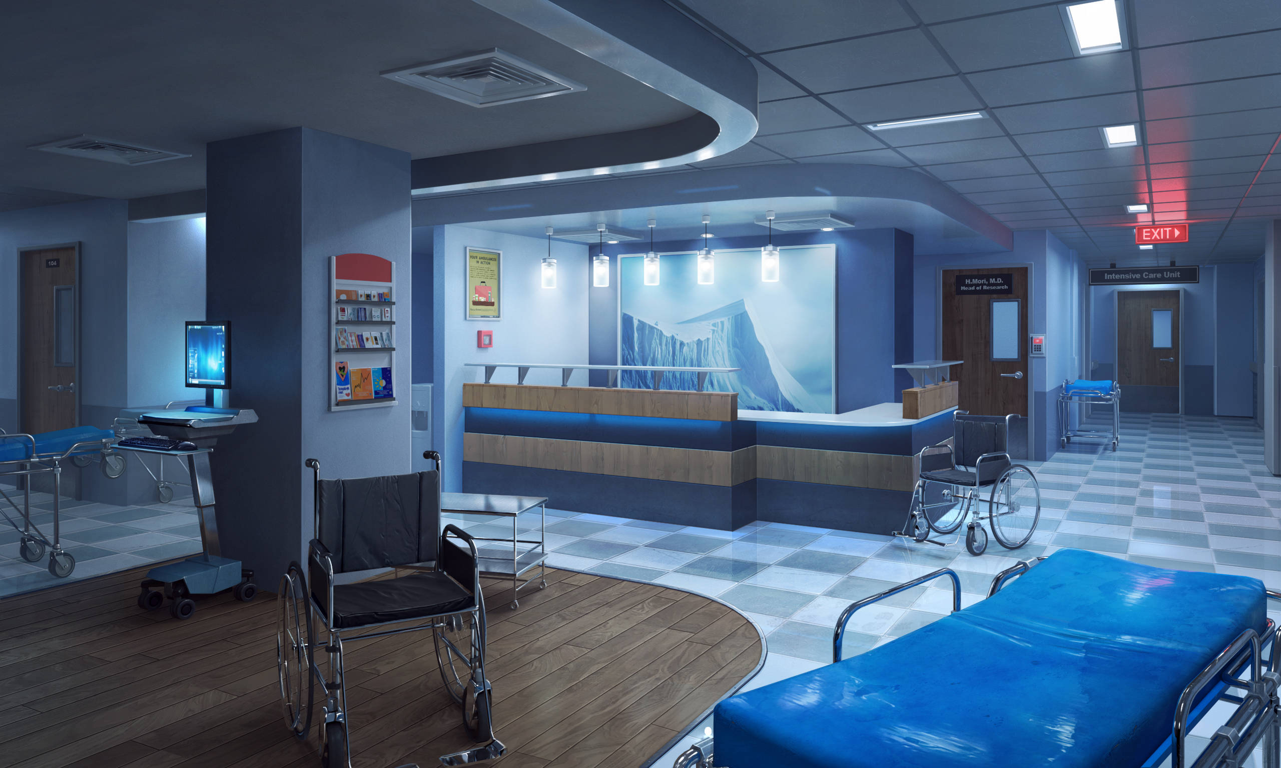 blue gurneys, wheelchairs, reception desk, 2K Desktop Wallpaper