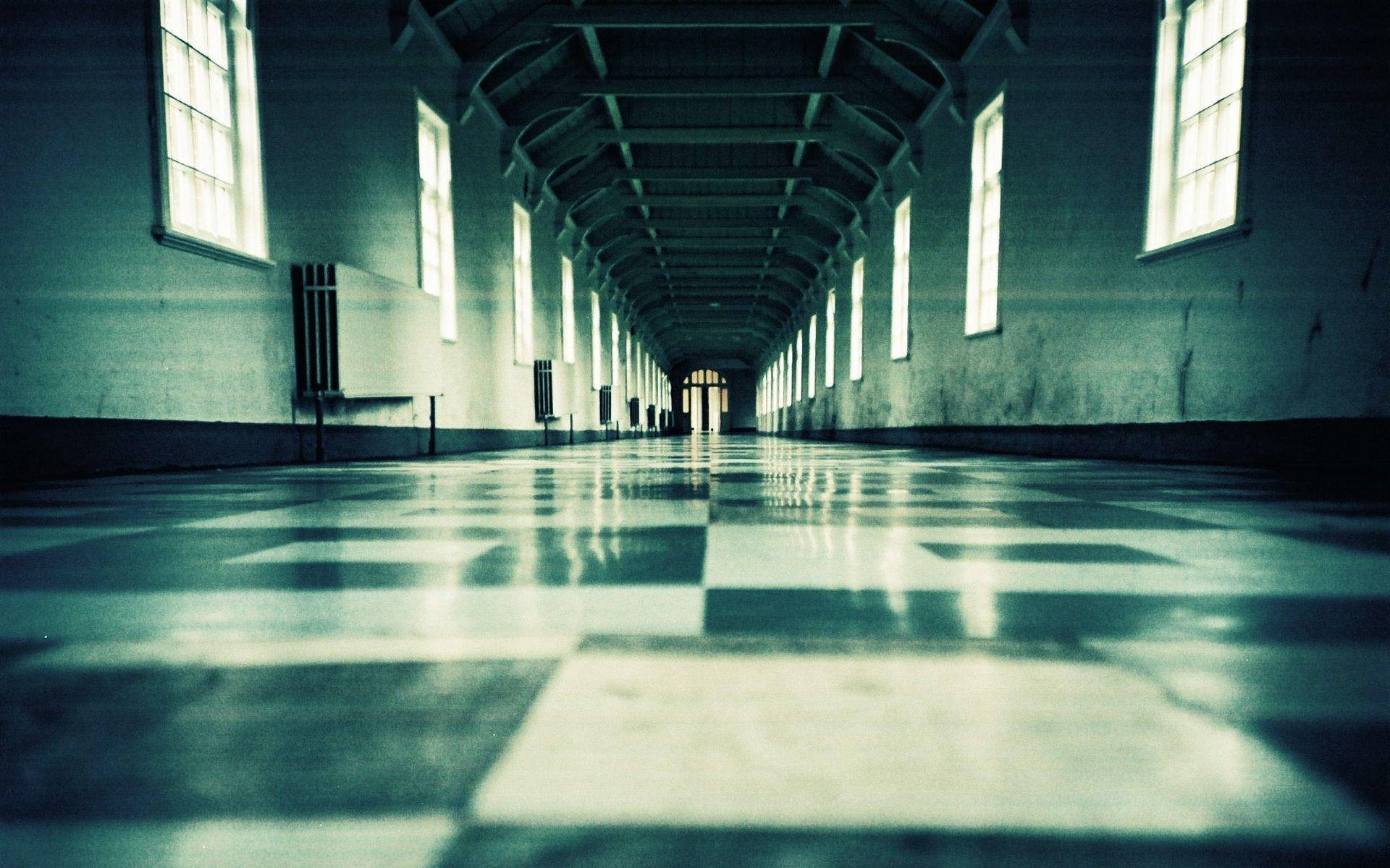 checkered floor, arched ceiling, cool blue-green light, Full HD Desktop Wallpaper