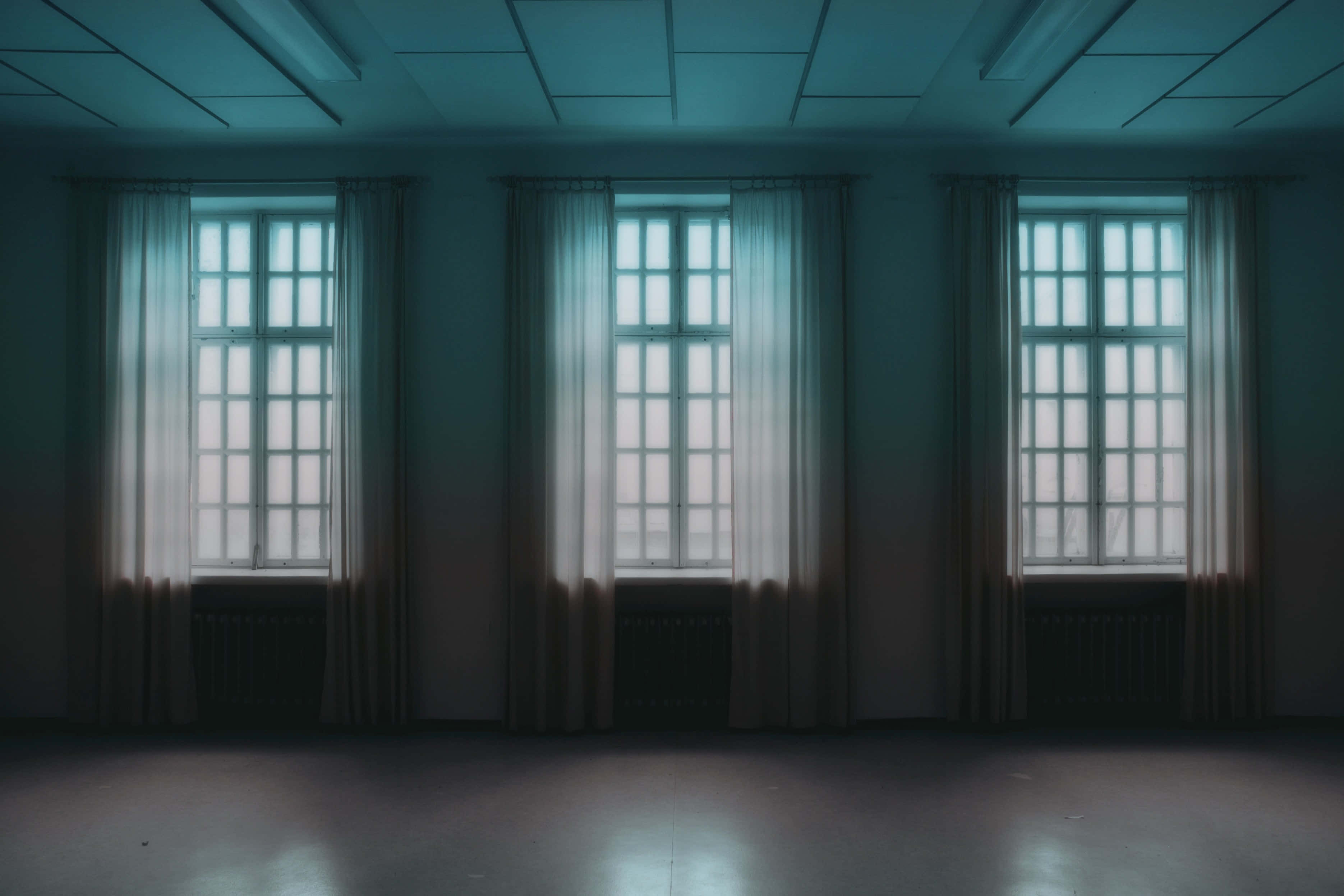 curtained windows, sheer curtains, soft blue light, 2K Desktop Wallpaper