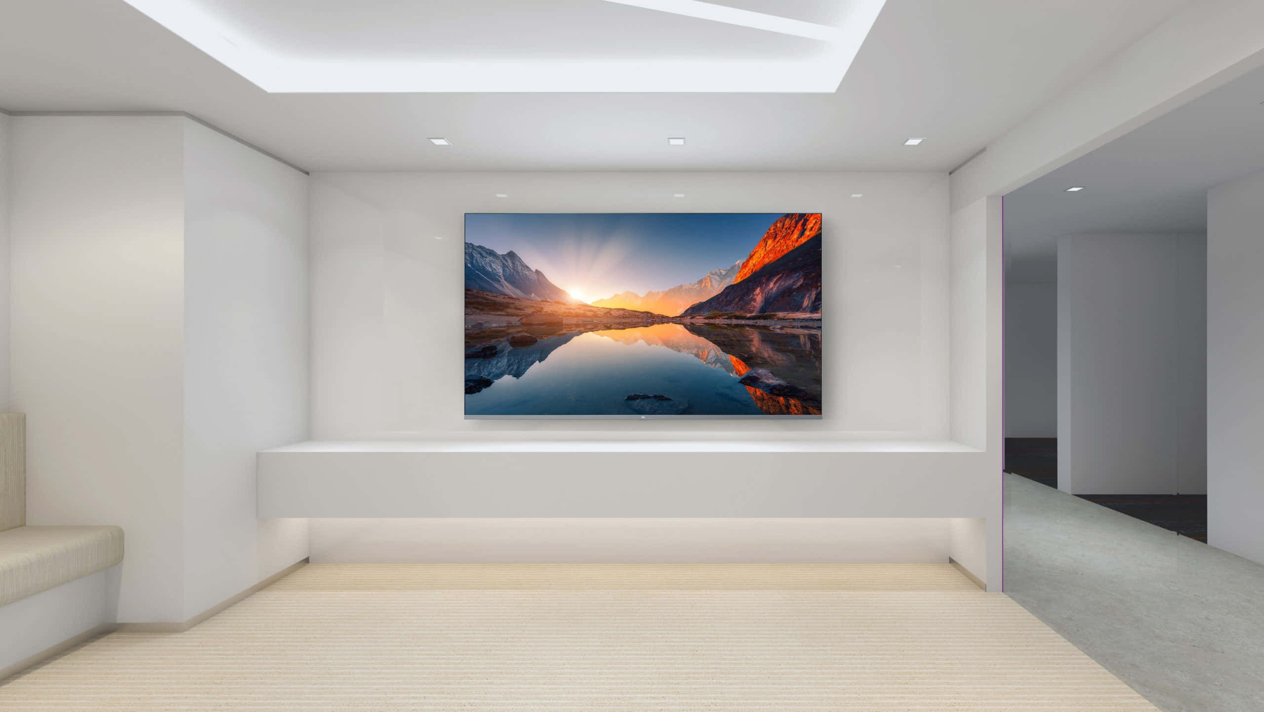 modern minimalist room, large wall-mounted TV, vibrant sunrise, 2K Desktop Wallpaper