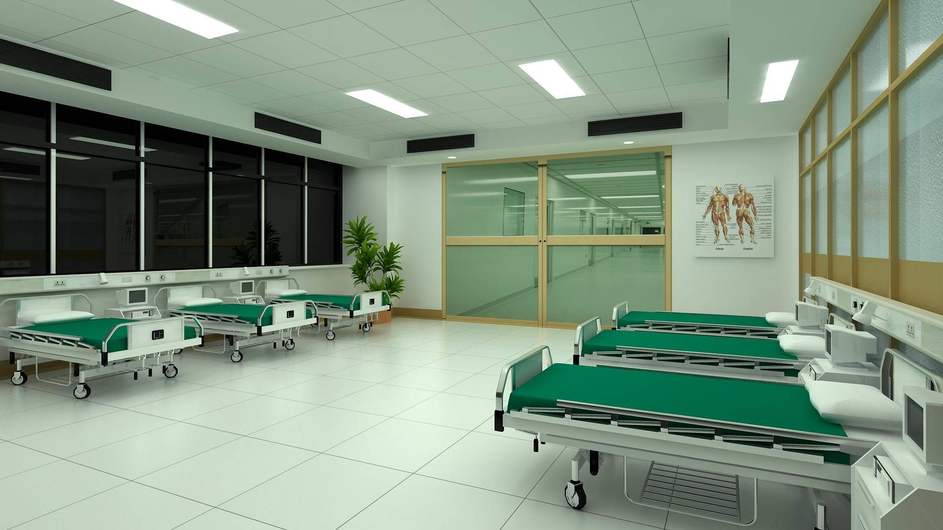 empty hospital ward, green beds, sterile hospital ward, Full HD Desktop Wallpaper