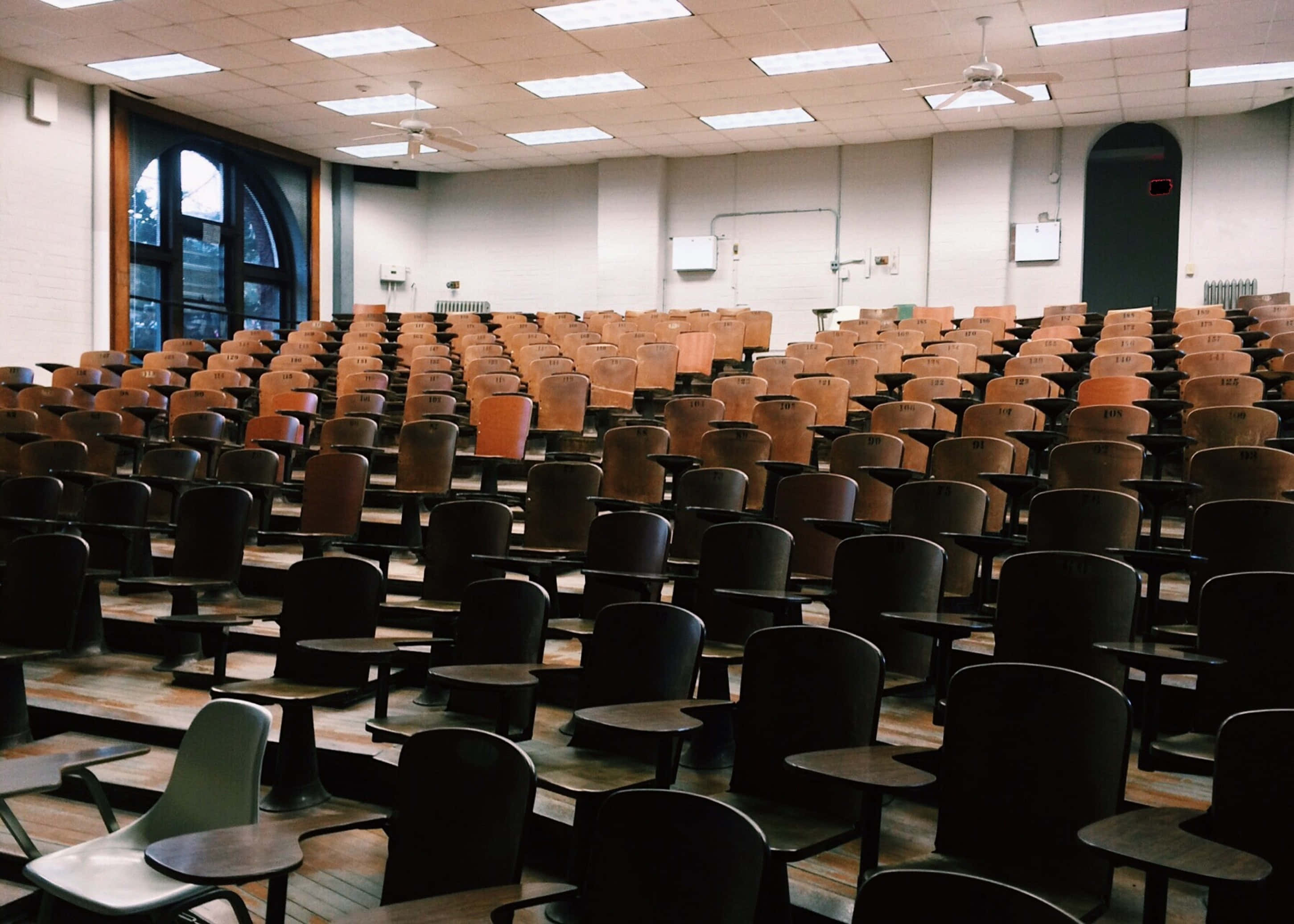 Empty College Room, wooden desks, chairs, 2K Desktop Wallpaper