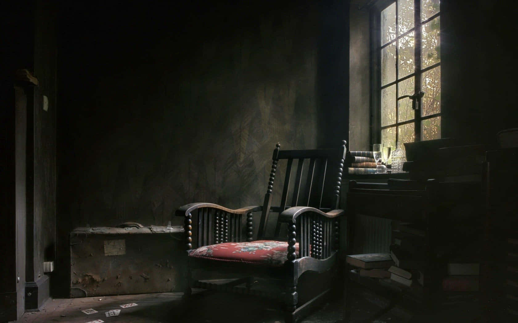wooden rocking chair, floral cushion, tall window, HD Desktop Wallpaper