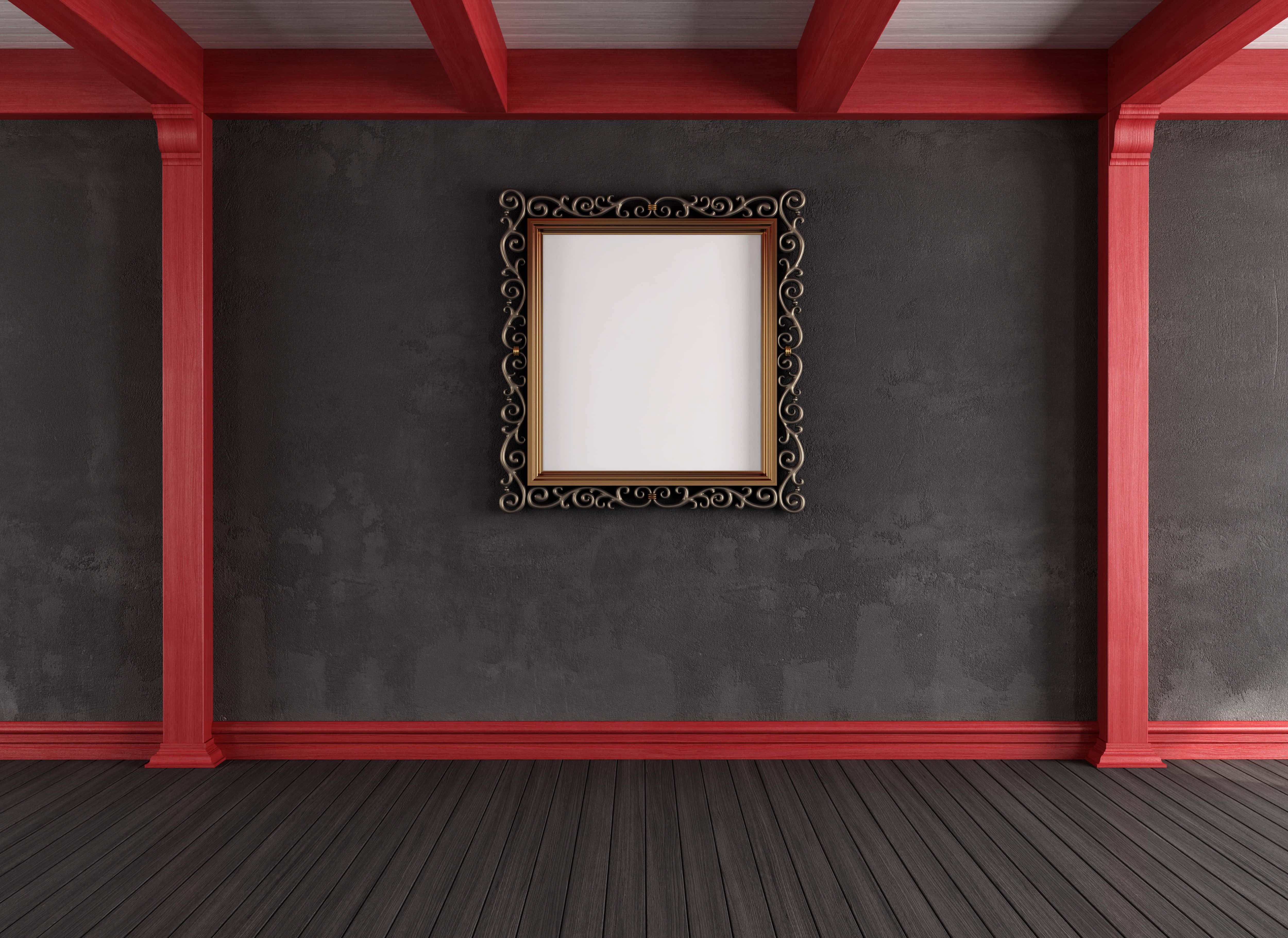 black frame, ornate gold-framed picture, dark gray textured wall, 4K Desktop Wallpaper