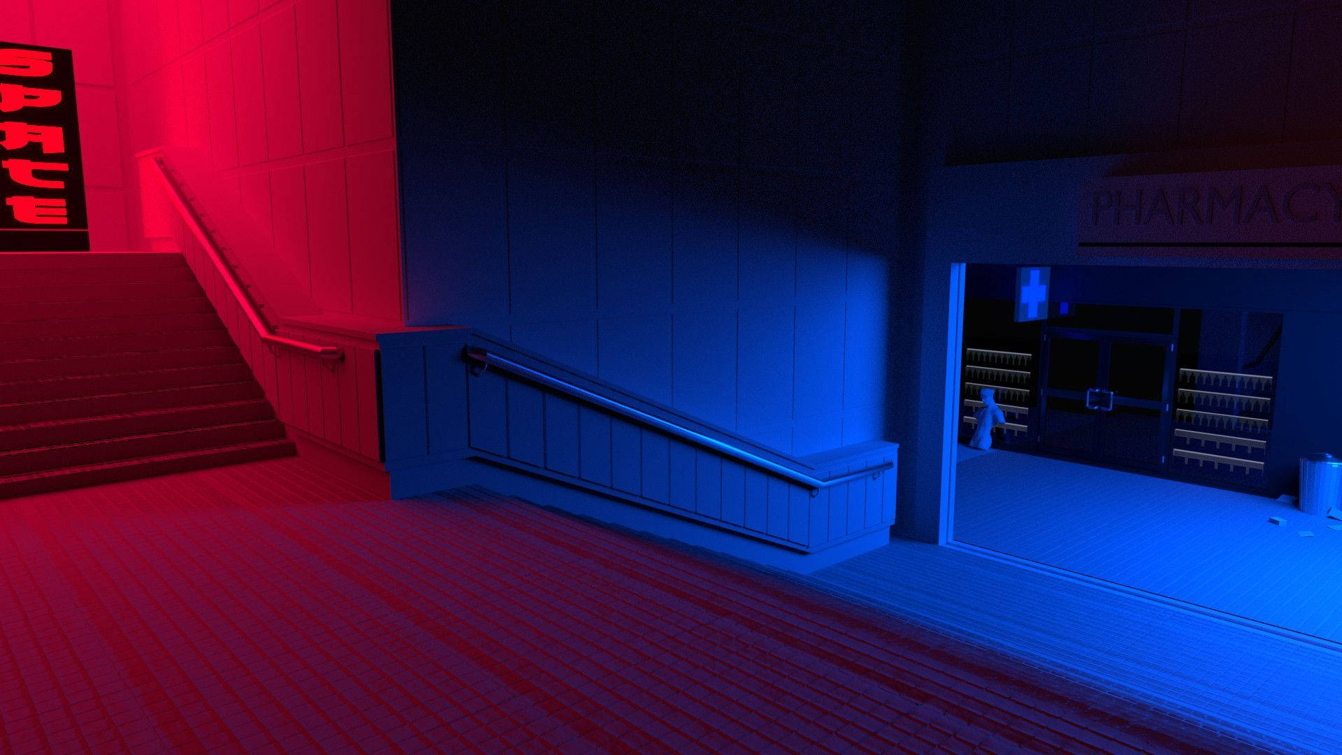 red and blue neon light, pharmacy entrance, staircase, Full HD Desktop Wallpaper