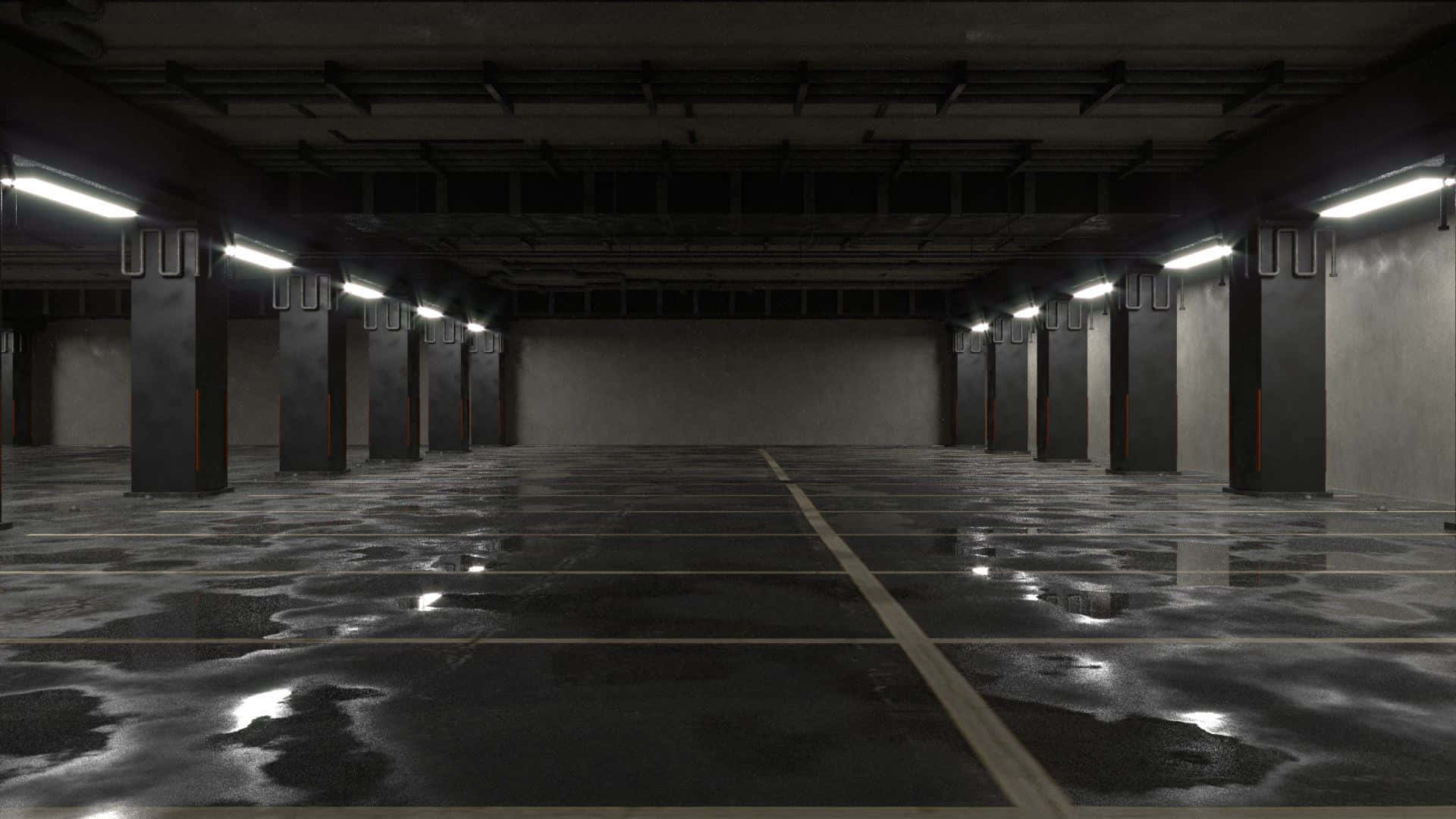 empty parking garage, underground parking garage, wet concrete floors, Full HD Desktop Wallpaper