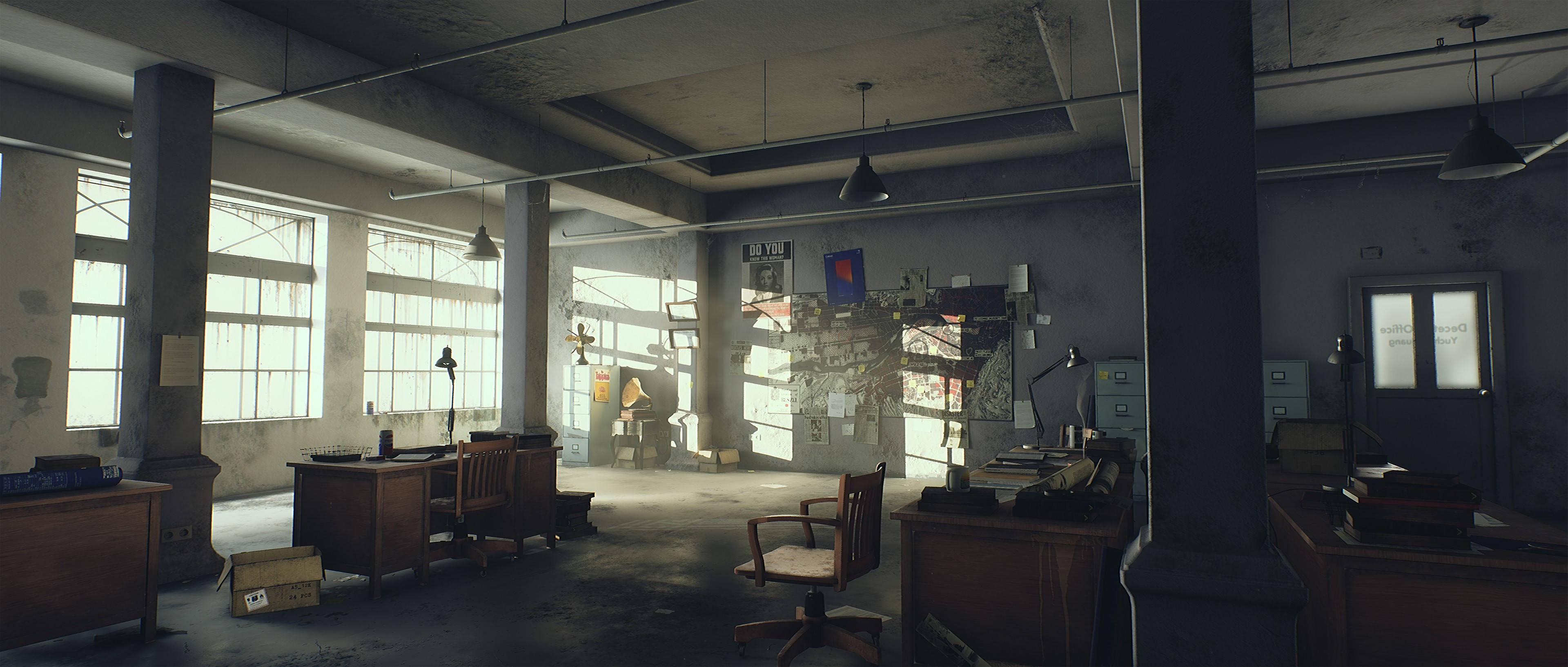 Deserted Hoary Office, sunlight, dusty windows, 4K Desktop Wallpaper