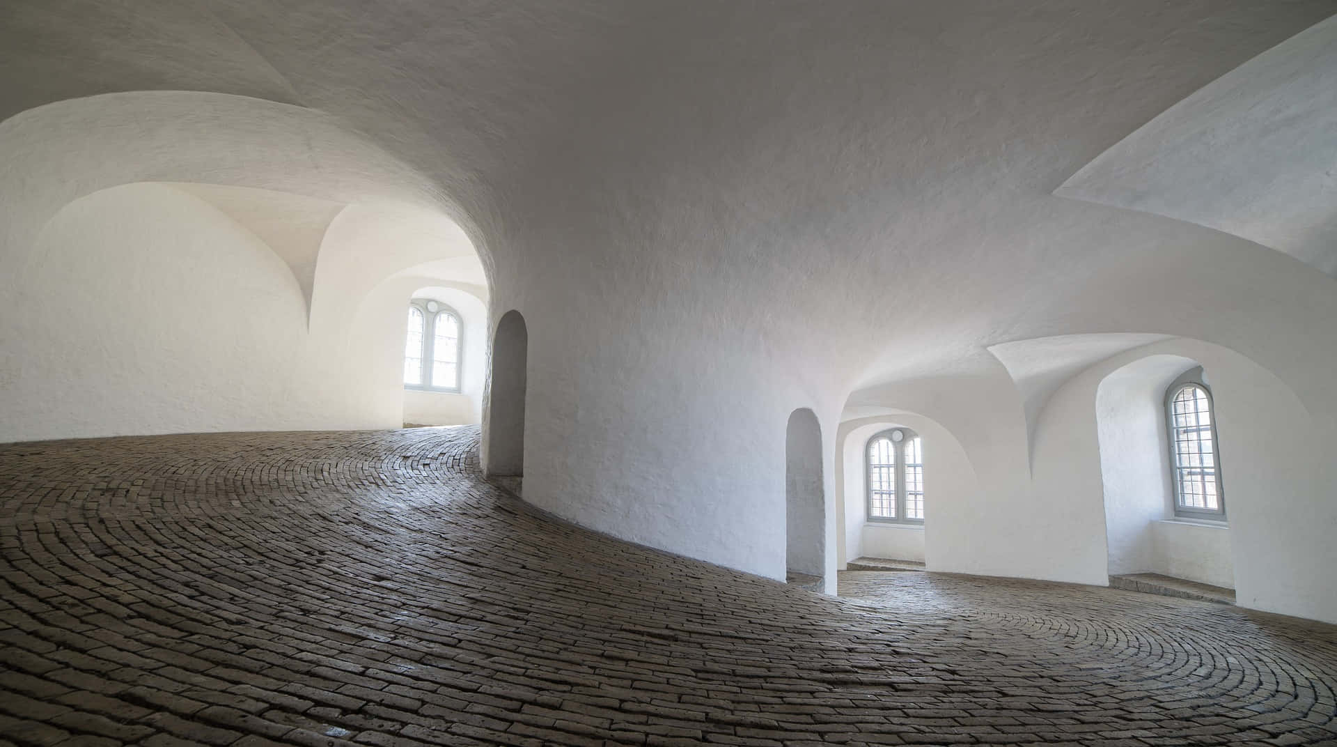 empty hallway, curved white walls, arched windows, Full HD Desktop Wallpaper