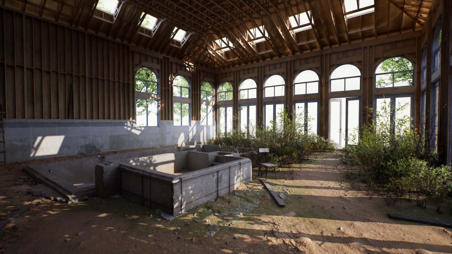abandoned indoor pool, sunlight, arched windows, Full HD Desktop Wallpaper