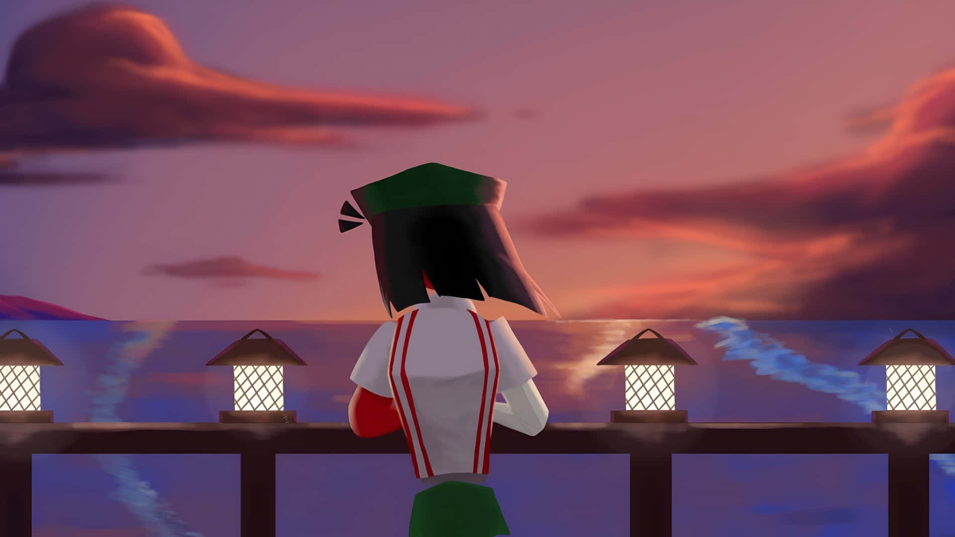 Ena, virtual sunset view, green and white character, Full HD Desktop Wallpaper