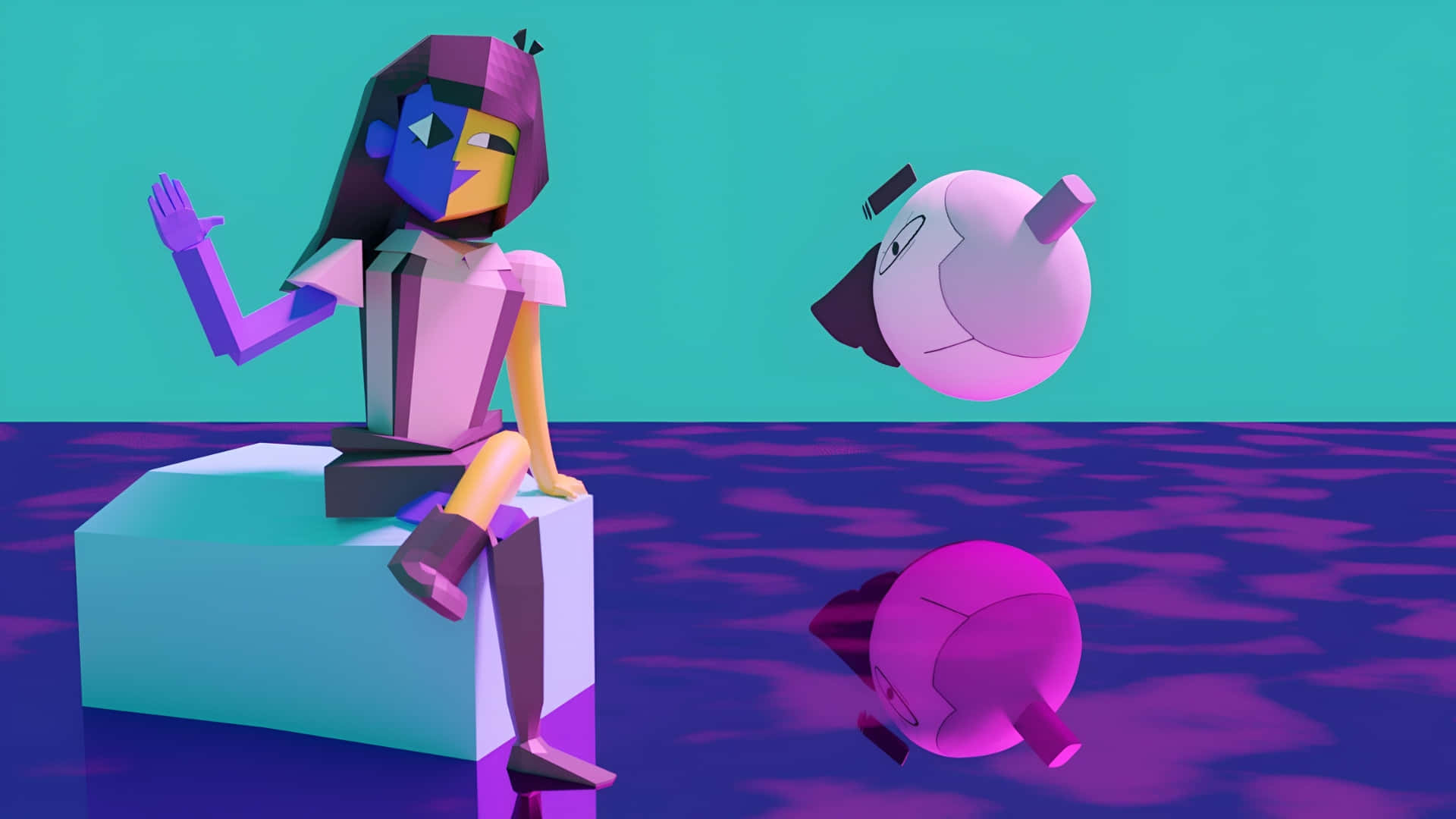 Ena, purple and pink character, floating teapot-like creatures, Full HD Desktop Wallpaper