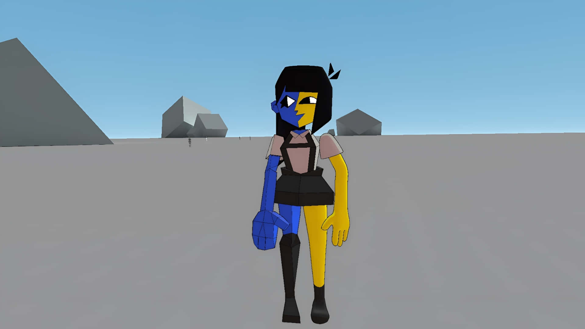 Ena, blue and yellow half-face, minimalist desert landscape, Full HD Desktop Wallpaper