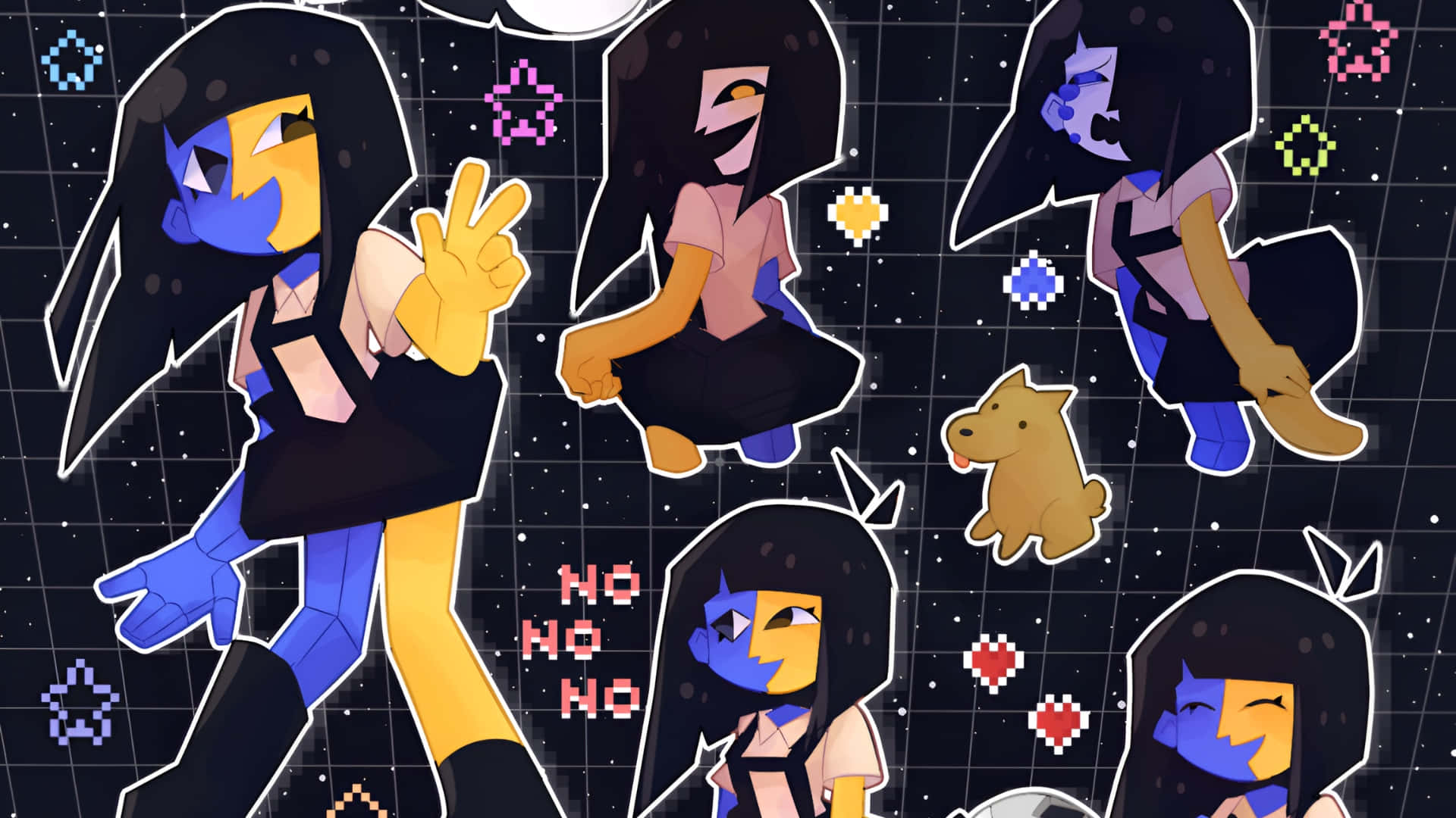 Ena, blue and yellow face, black hair, Full HD Desktop Wallpaper