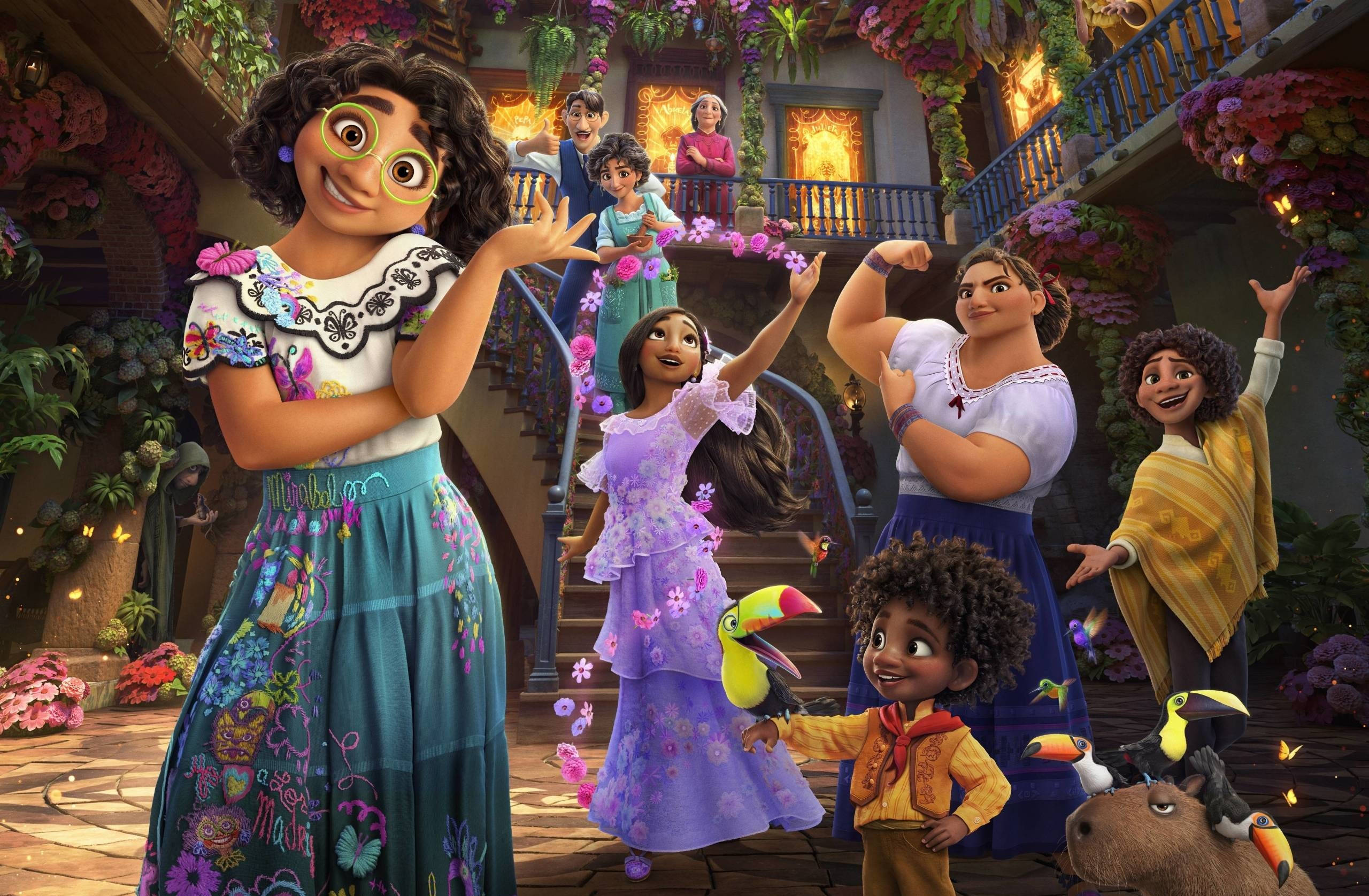Encanto Aesthetic, vibrant animated characters, colorful courtyard, 2K Desktop Wallpaper