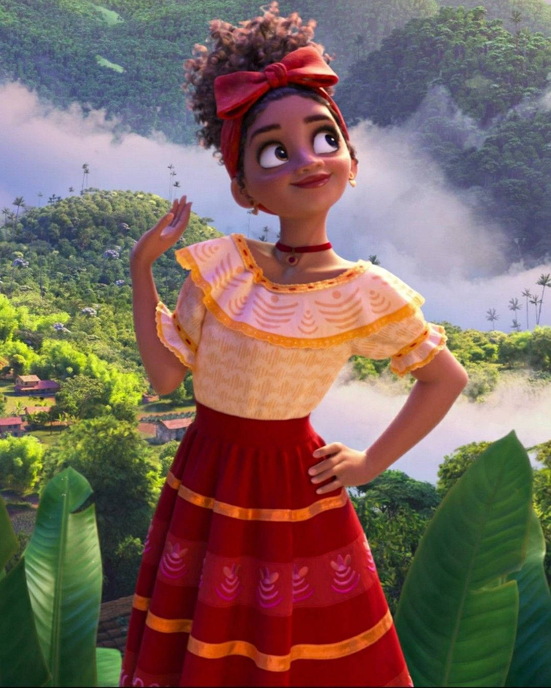 Encanto Dolores, red and yellow dress, lush green hillside, HD Phone Wallpaper