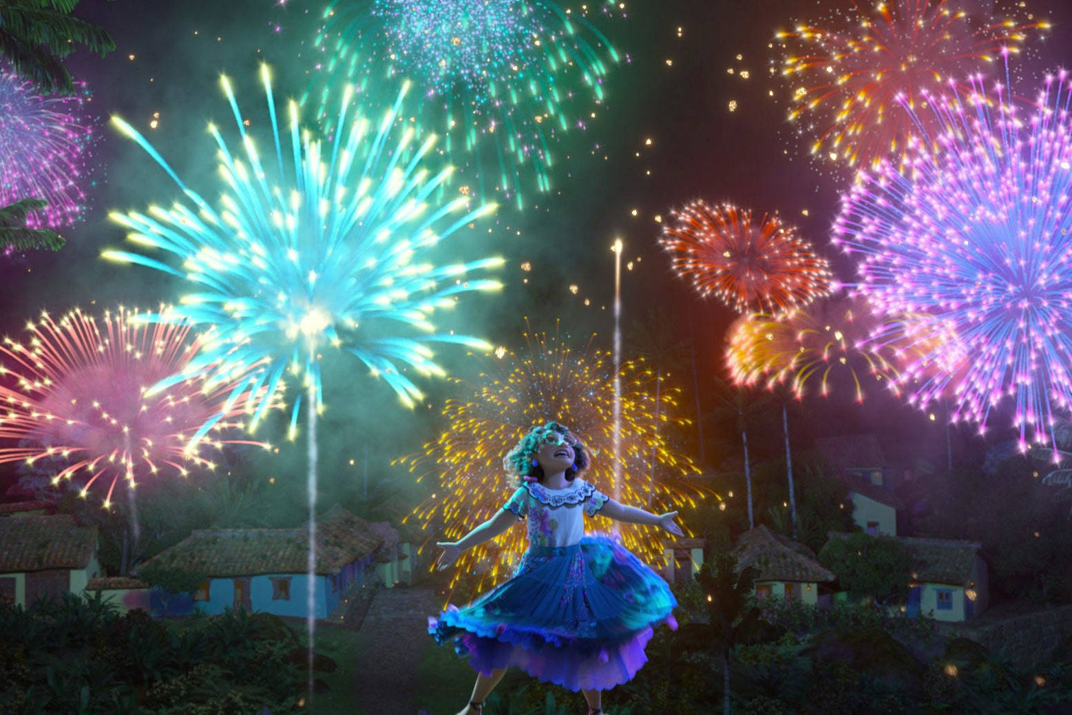 Encanto Dolores, blue dress, fireworks, HD Desktop Wallpaper