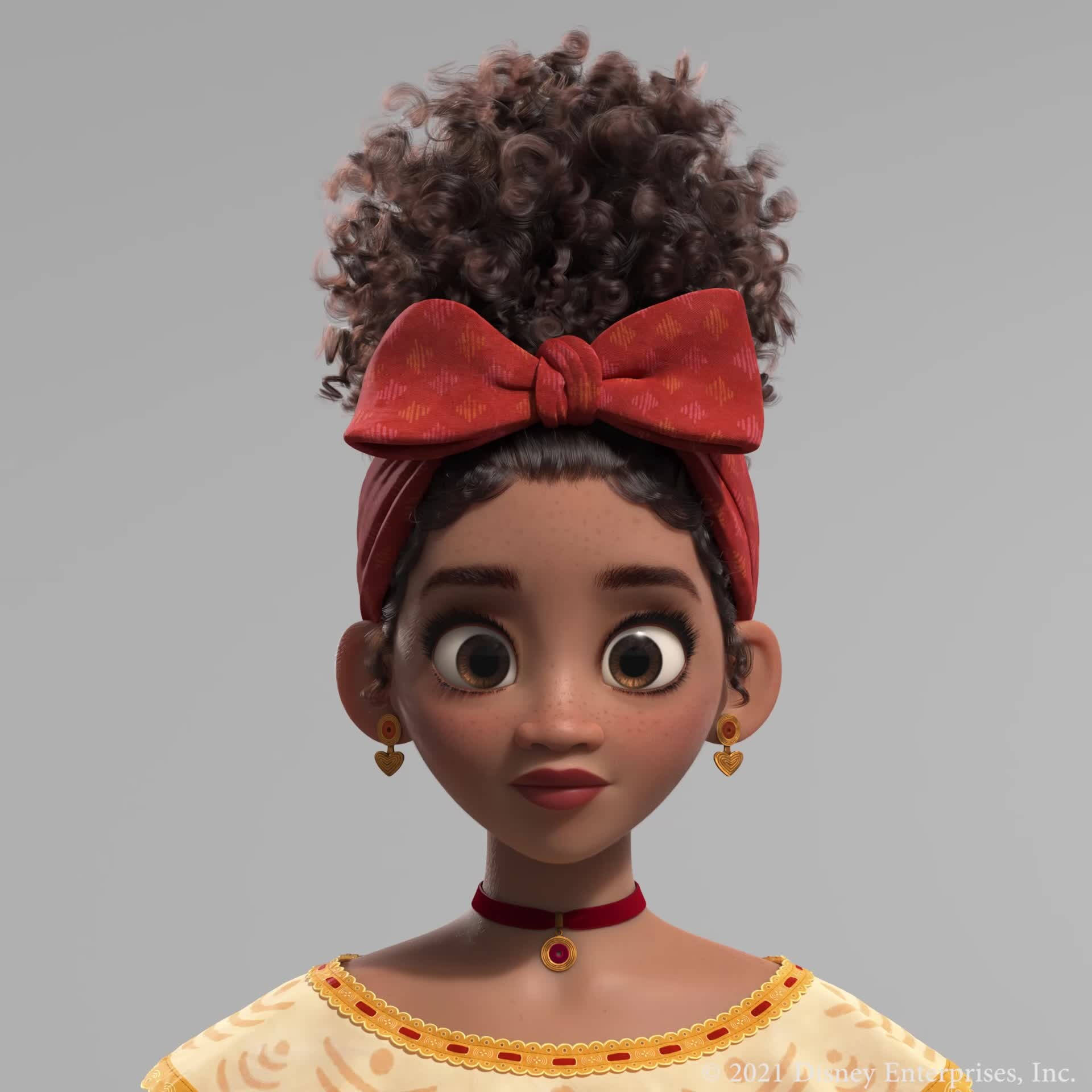 Encanto Dolores, curly brown hair, red bow, Full HD Desktop Wallpaper