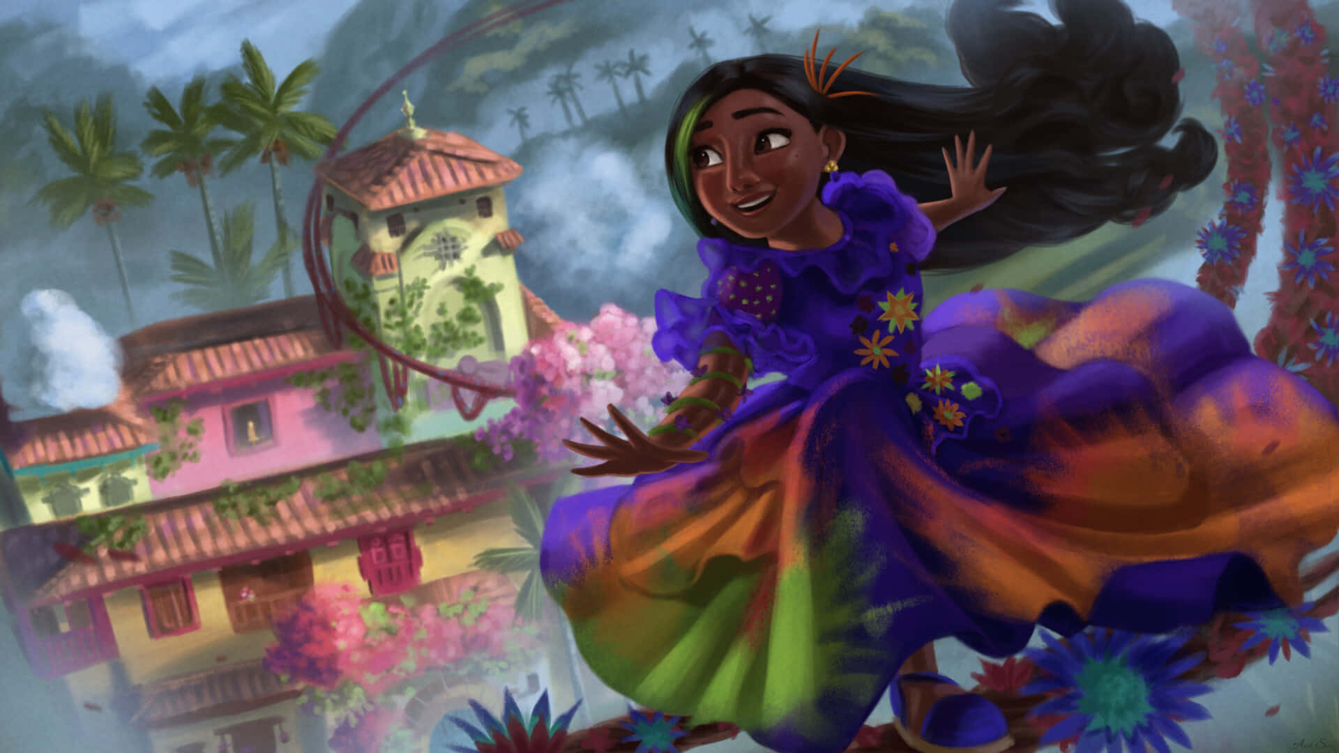 Encanto Isabela, vibrant purple and orange dress, colorful flowers, Full HD Desktop Wallpaper