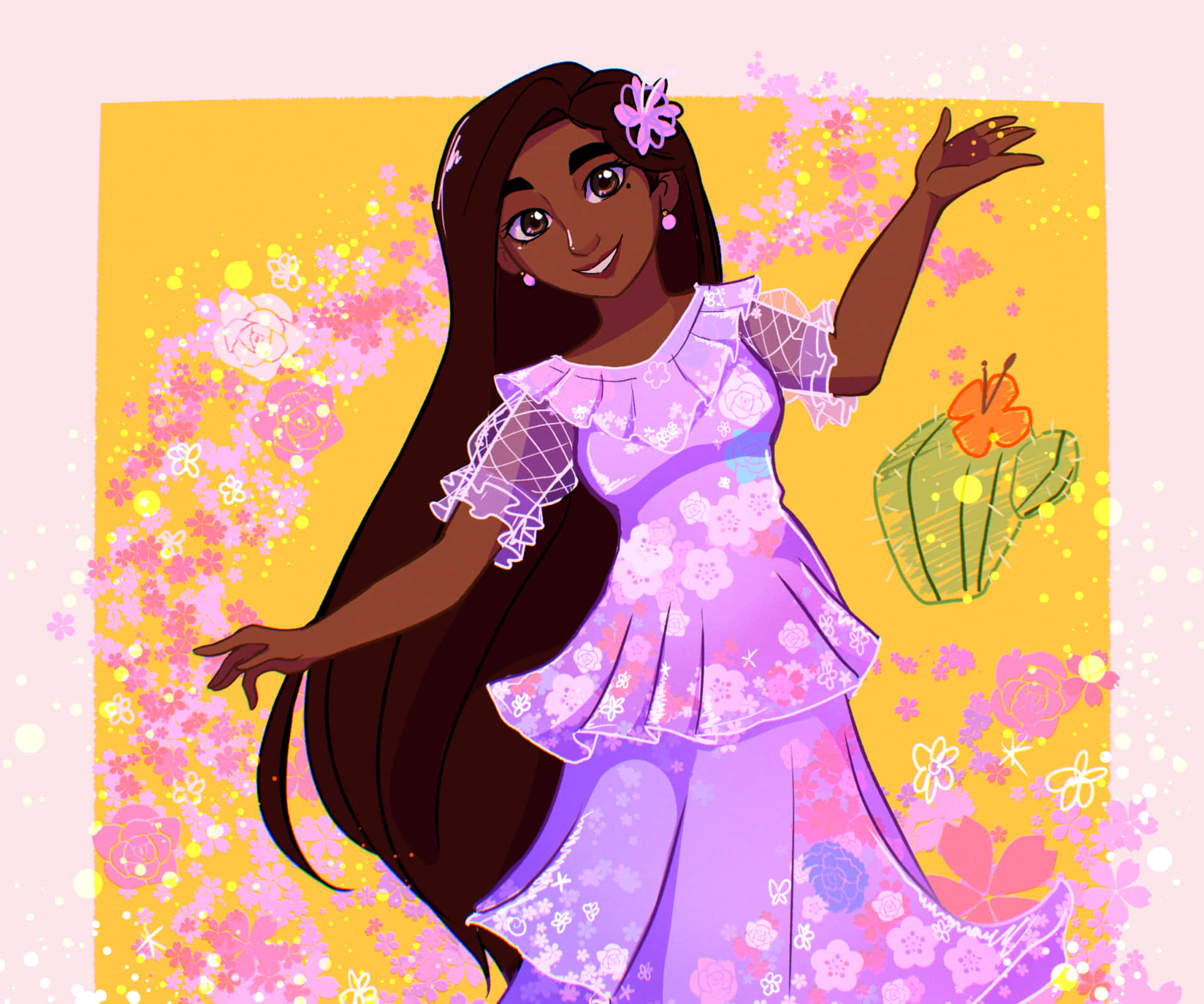 Encanto Isabela, floral purple dress, floating pink blossoms, Full HD Desktop Wallpaper