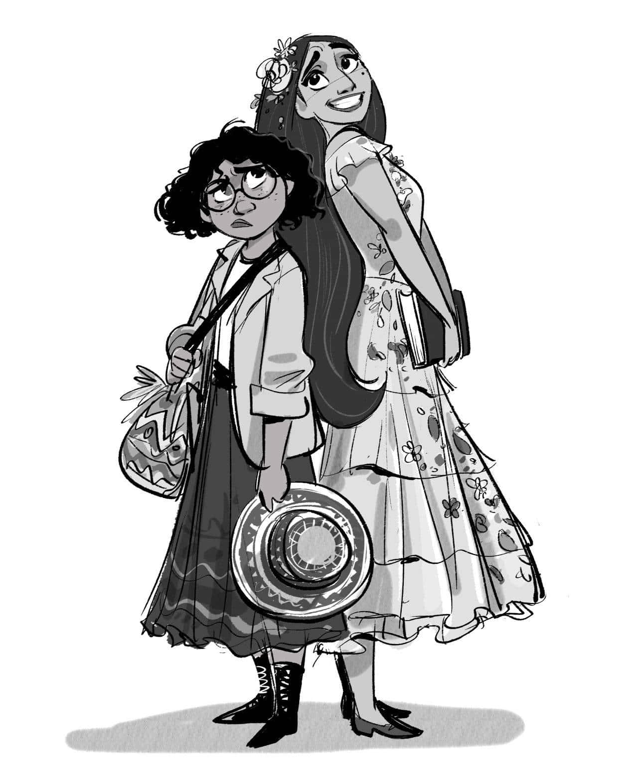 Encanto Isabela, two women in dresses, monochrome sketch style, HD Phone Wallpaper