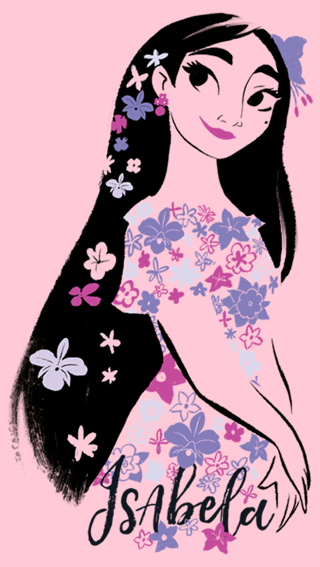 Encanto Isabela, long black hair, pink and purple flowers, HD Phone Wallpaper