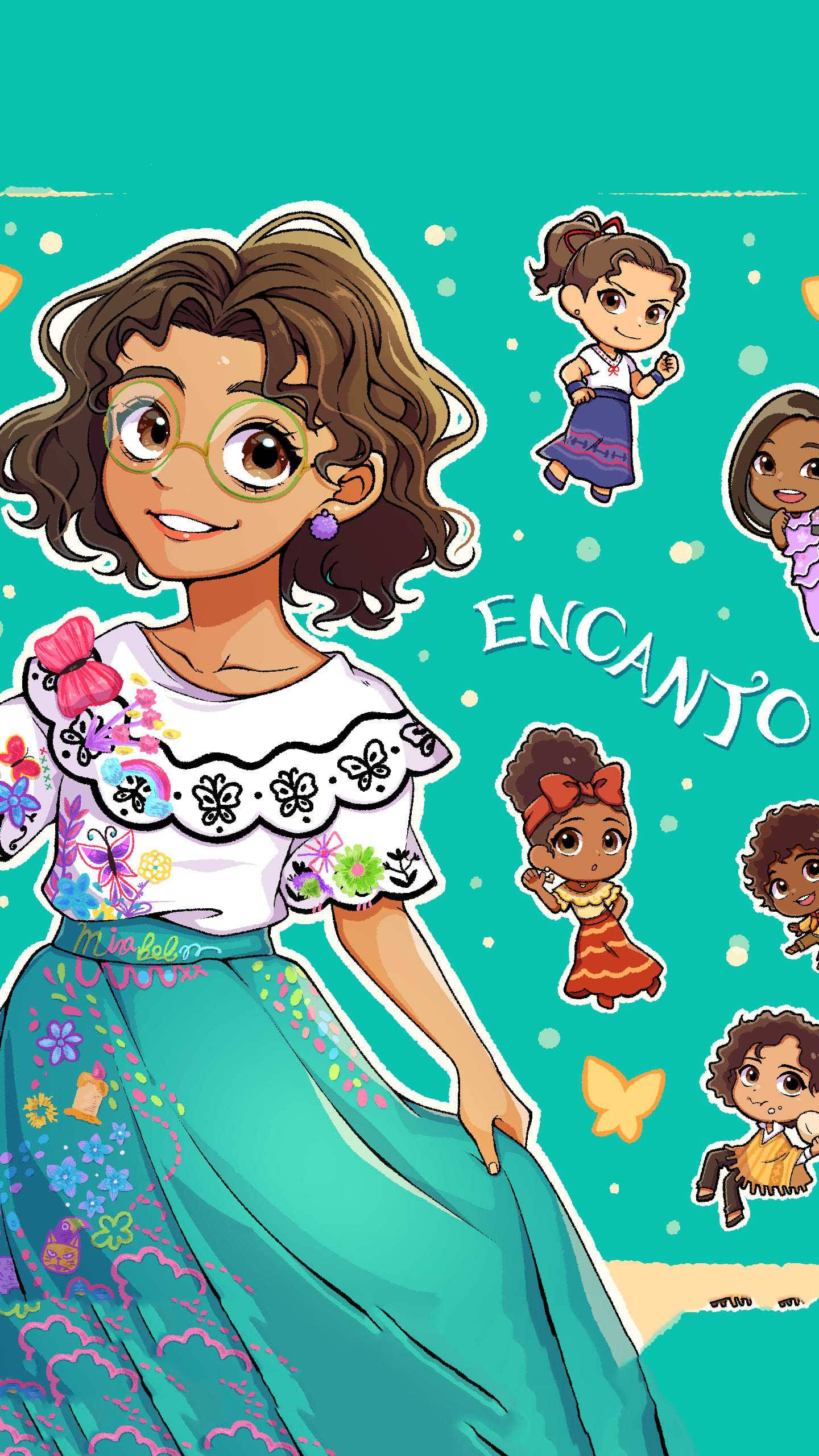 Mirabel, Encanto, teal background, 2K Phone Wallpaper