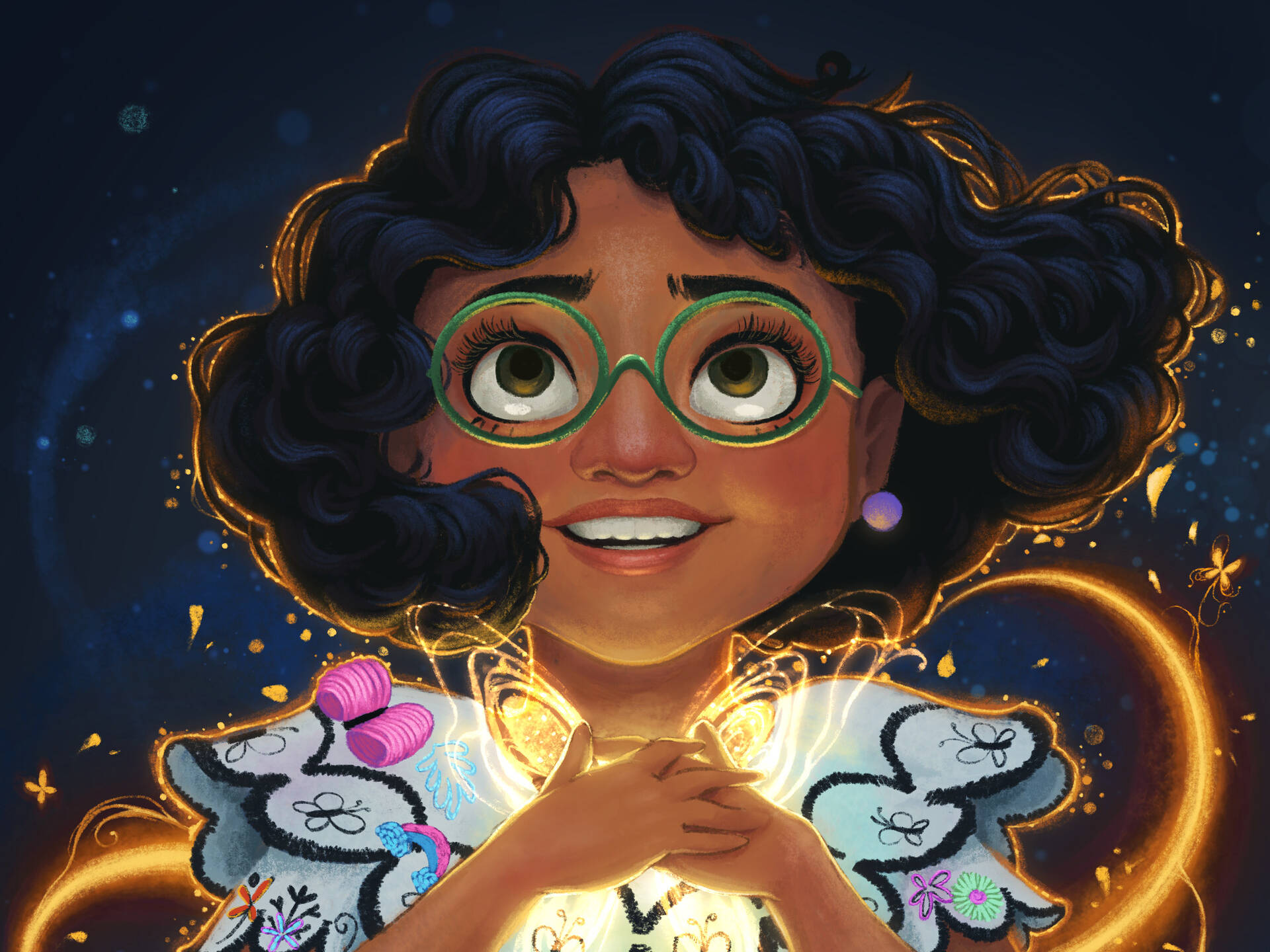 Encanto Mirabel, curly dark hair, green glasses, Full HD Desktop Wallpaper