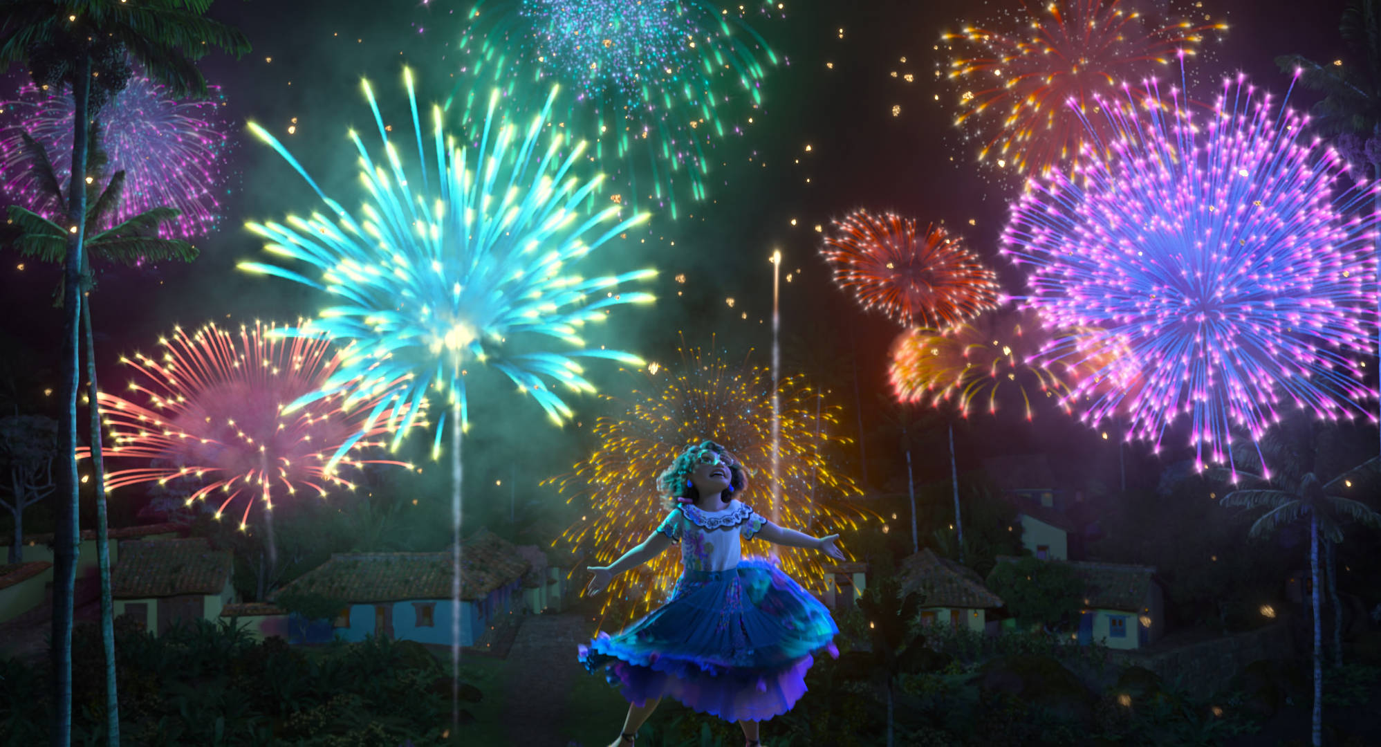 Encanto Mirabel, blue dress, colorful fireworks, Full HD Desktop Wallpaper