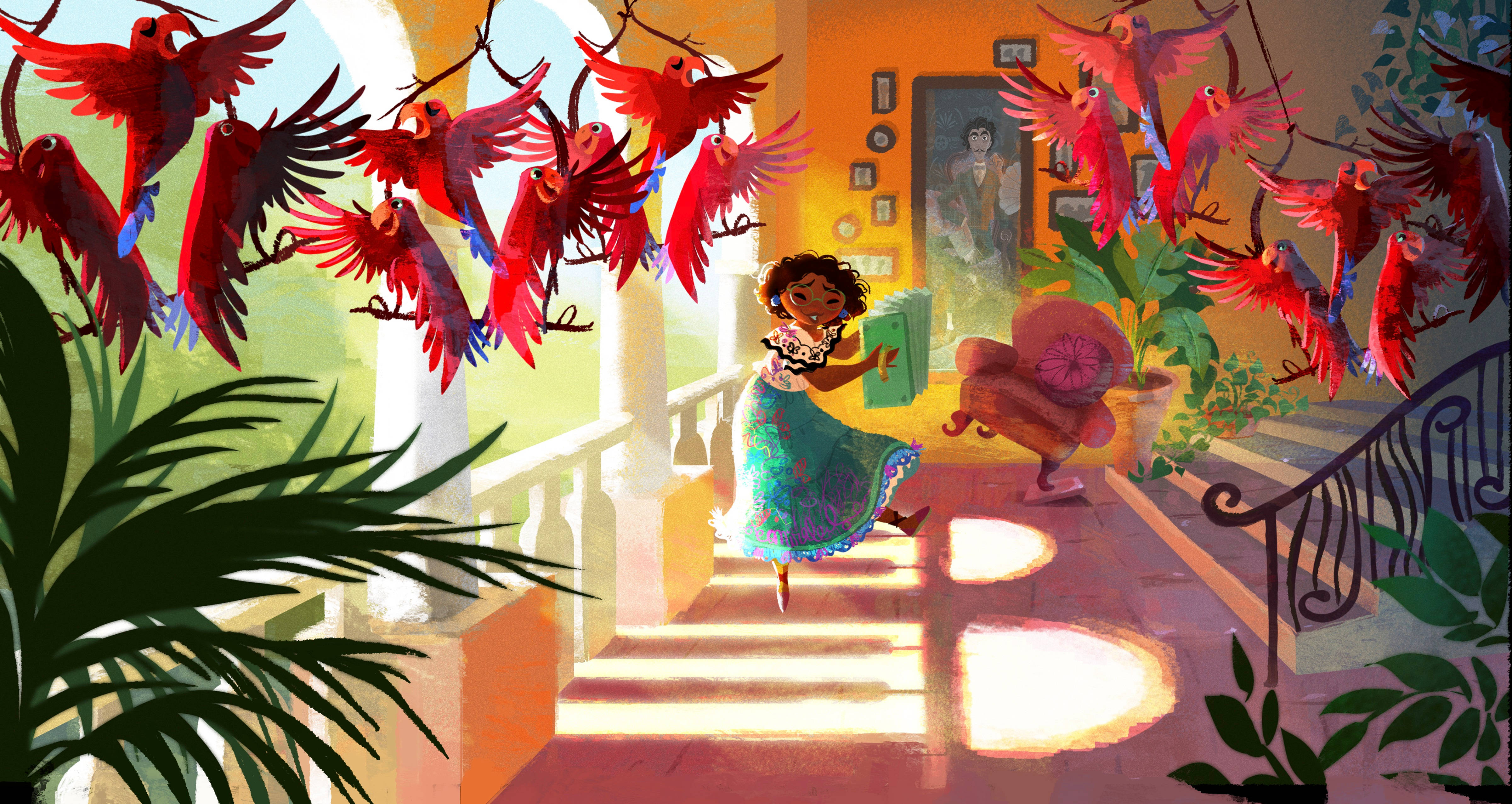 Encanto Mirabel, teal dress, vibrant red parrots, 4K Desktop Wallpaper