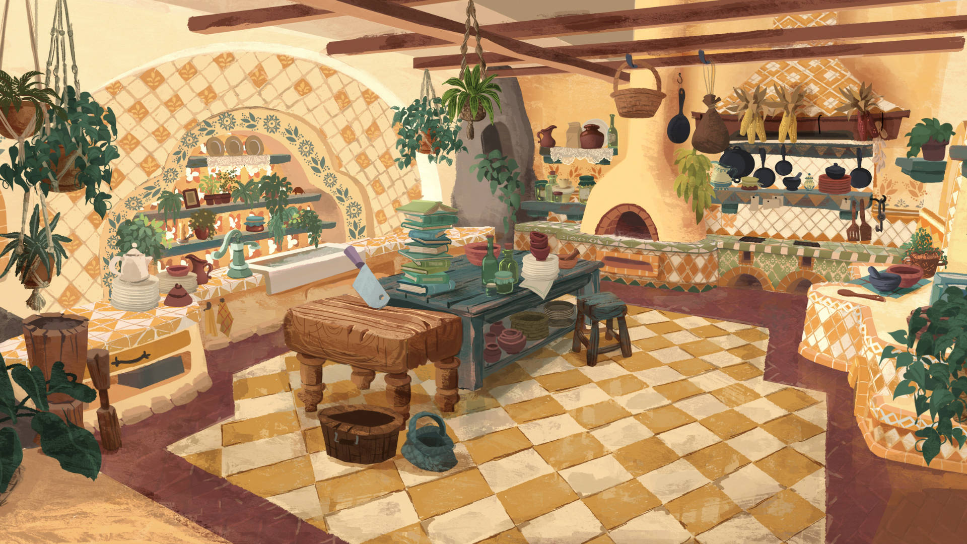 Encanto, house interior, terracotta tiles, Full HD Desktop Wallpaper