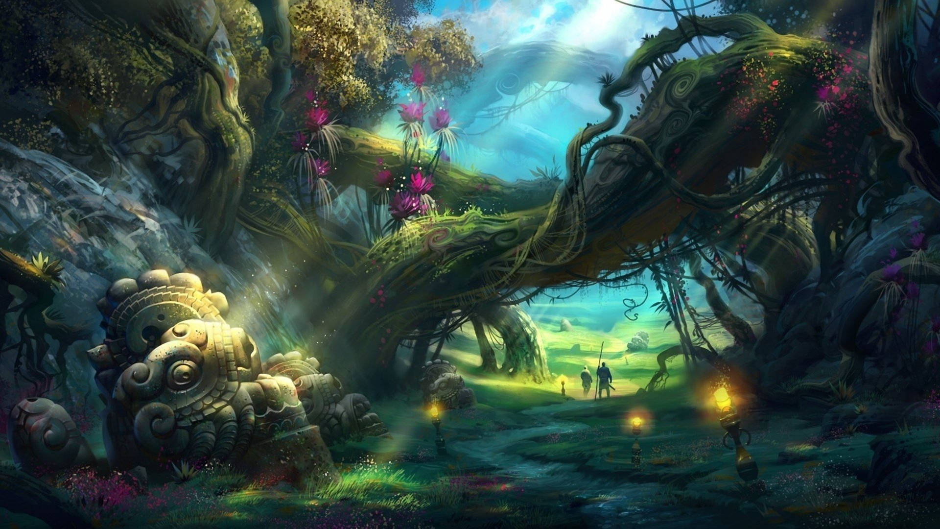 enchanted forest, ancient ruins, vibrant sky, Full HD Desktop Wallpaper