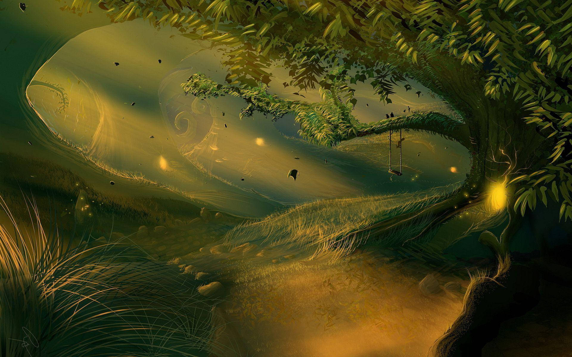 enchanted forest, golden light, giant tree, Full HD Desktop Wallpaper