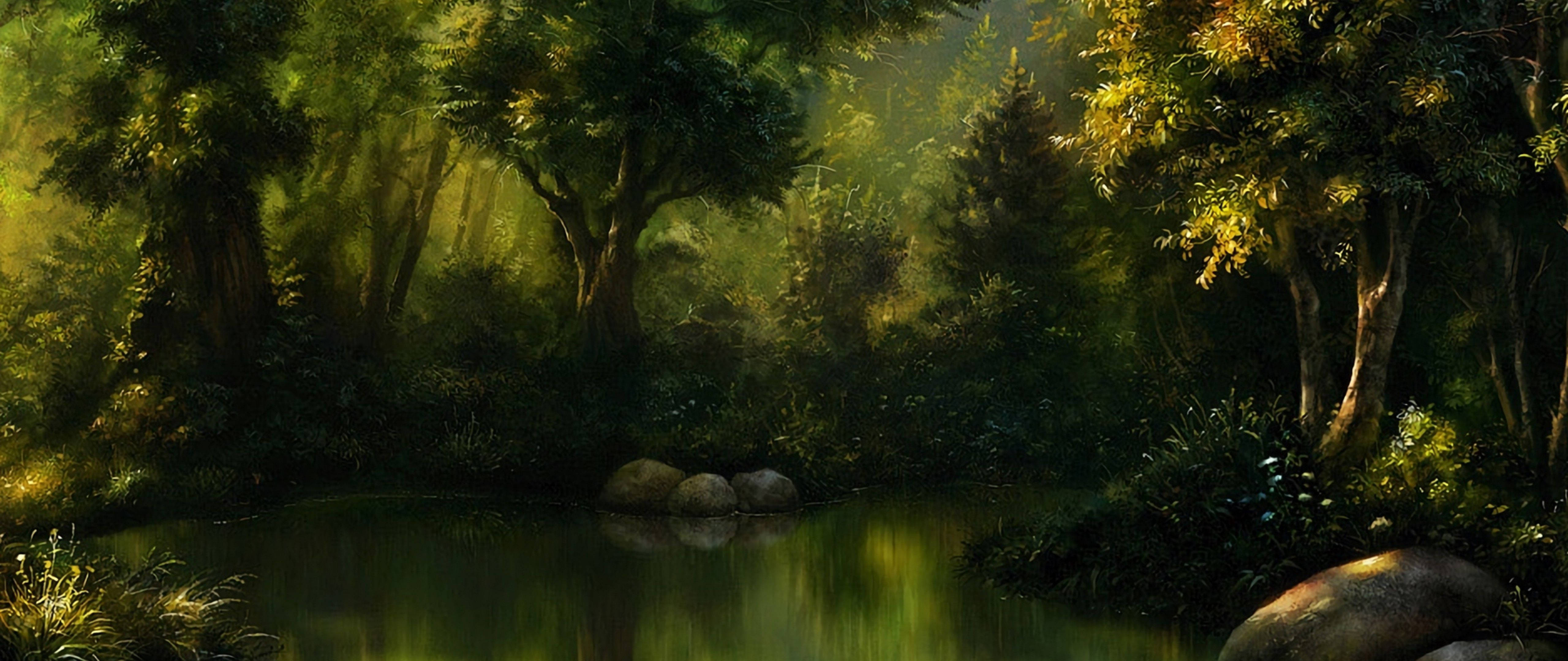 Enchanted Forest, golden hour, sunlight, 5K Desktop Wallpaper