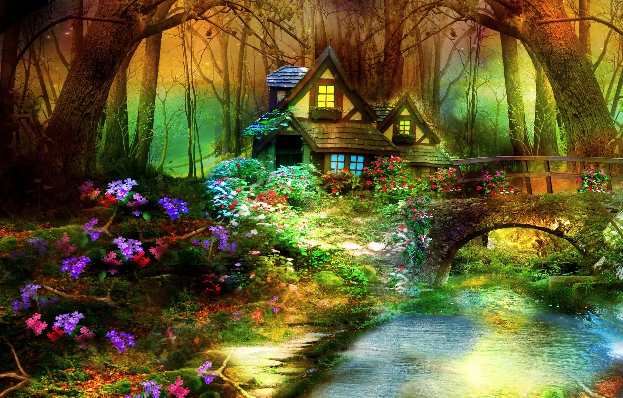Magical Forest Cottage, enchanted forest, glowing windows, Full HD Desktop Wallpaper