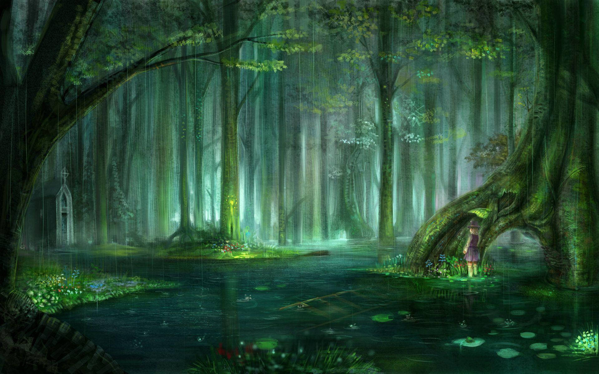enchanted forest, mossy tree, glowing light, Full HD Desktop Wallpaper