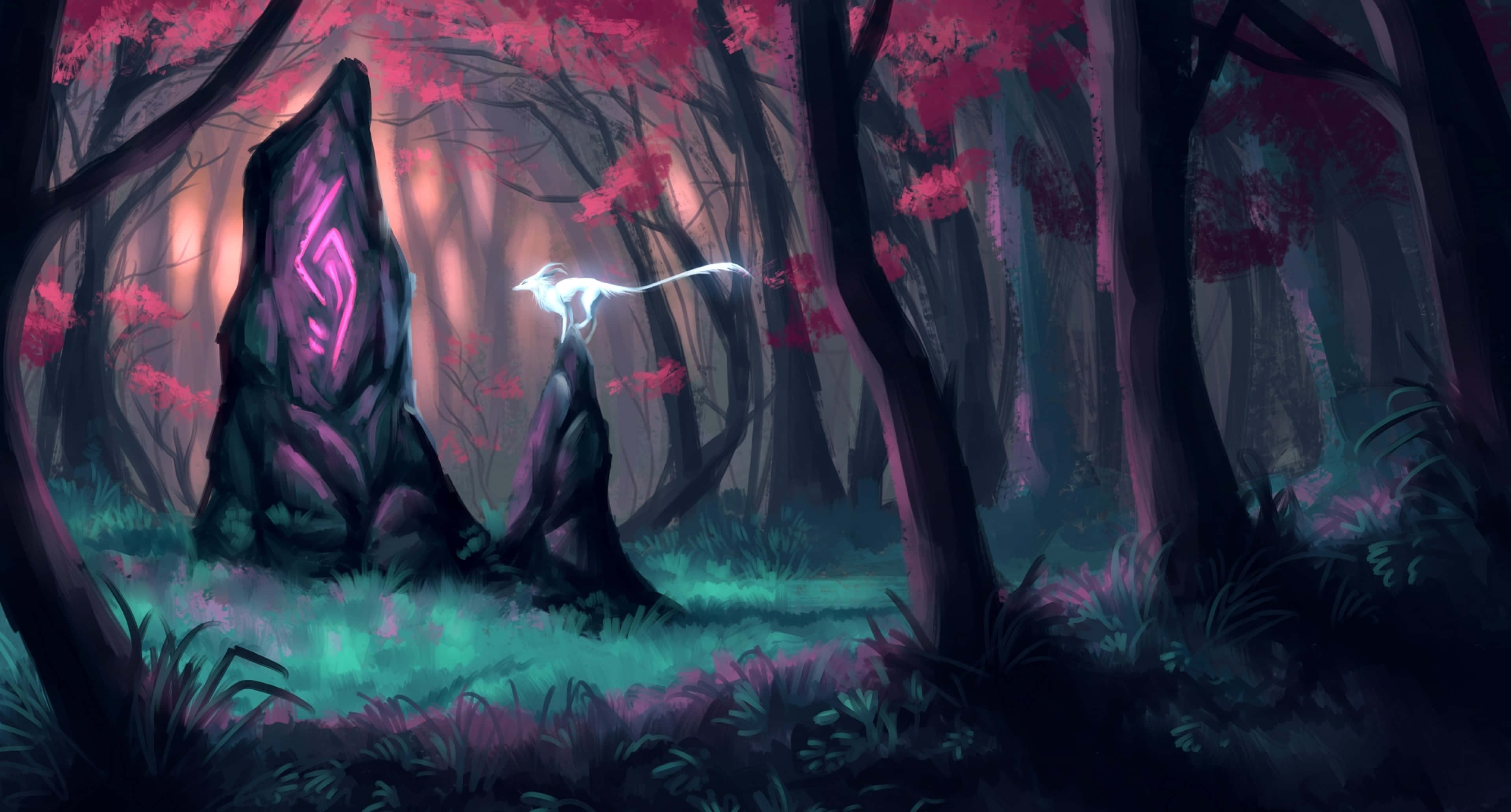 glowing white dragon, mossy stone, mystical forest, 4K Desktop Wallpaper