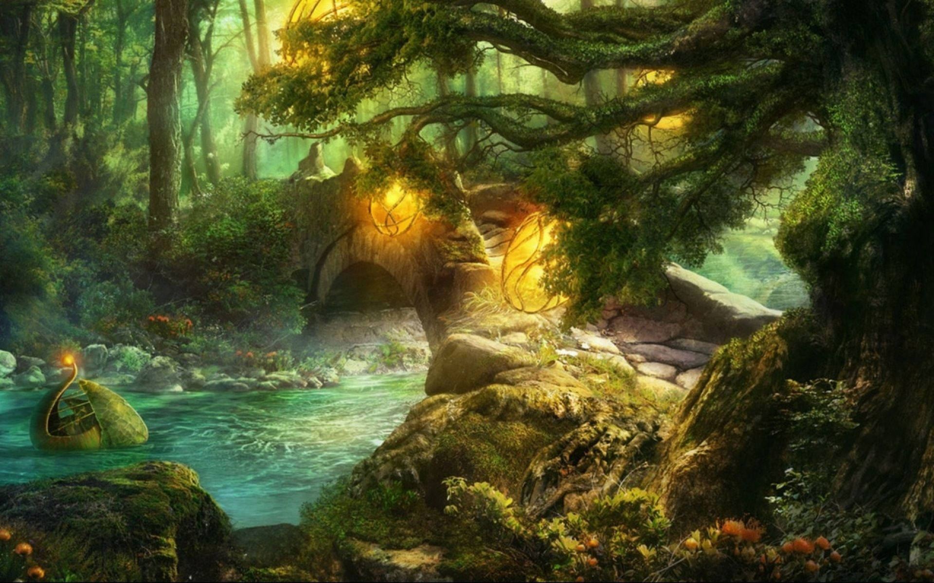 Enchanted Forest, stone arch bridge, mossy stone bridge, Full HD Desktop Wallpaper