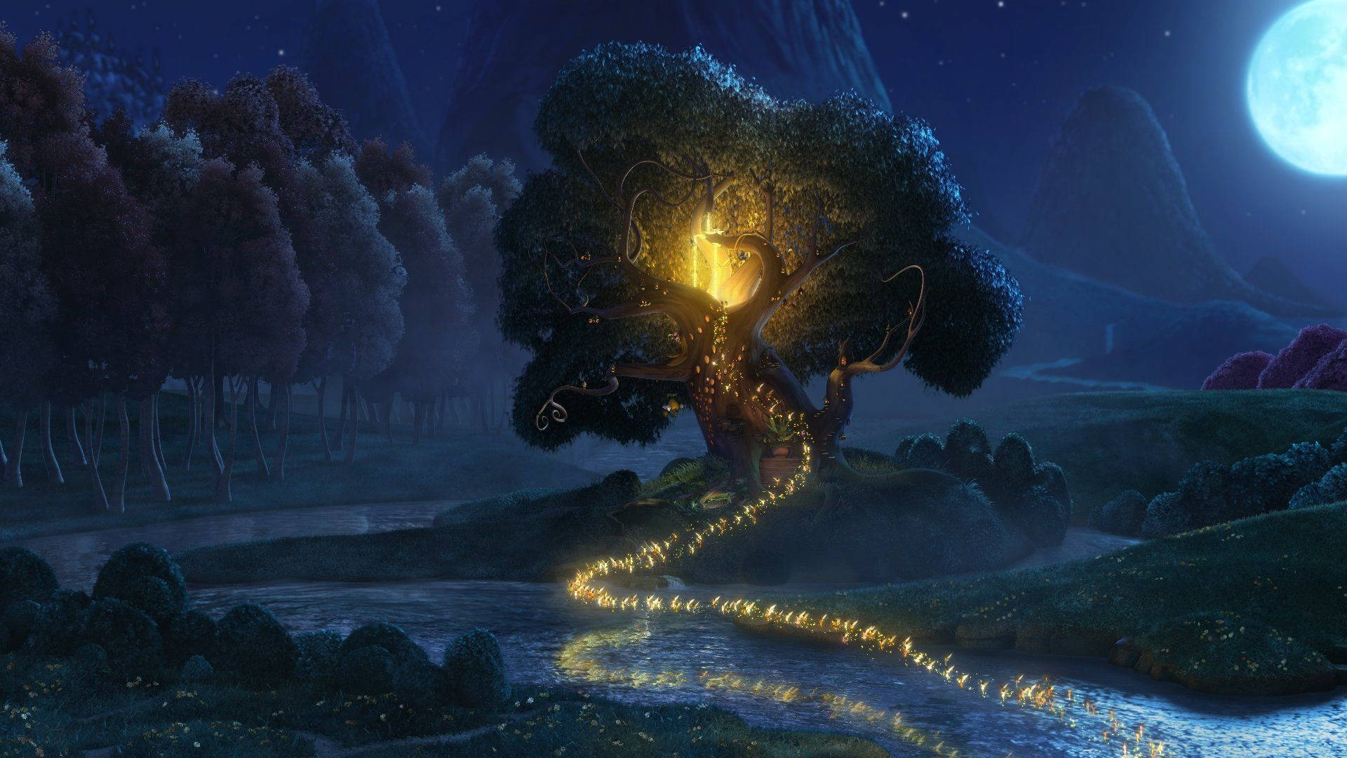 Enchanted Forest, gathering fairies, glowing tree, Full HD Desktop Wallpaper