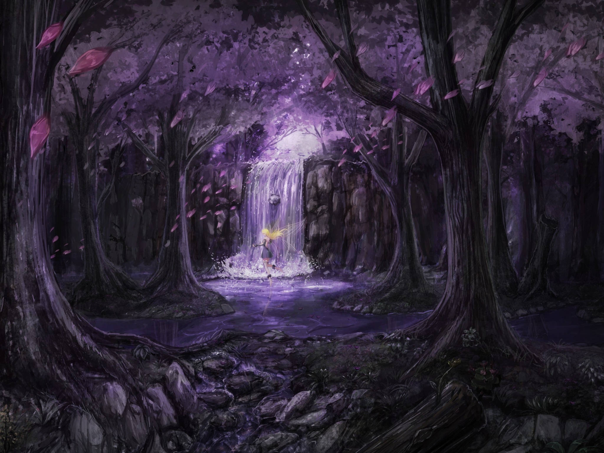 dark purple forest, glowing fairy, yellow hair, Full HD Desktop Wallpaper