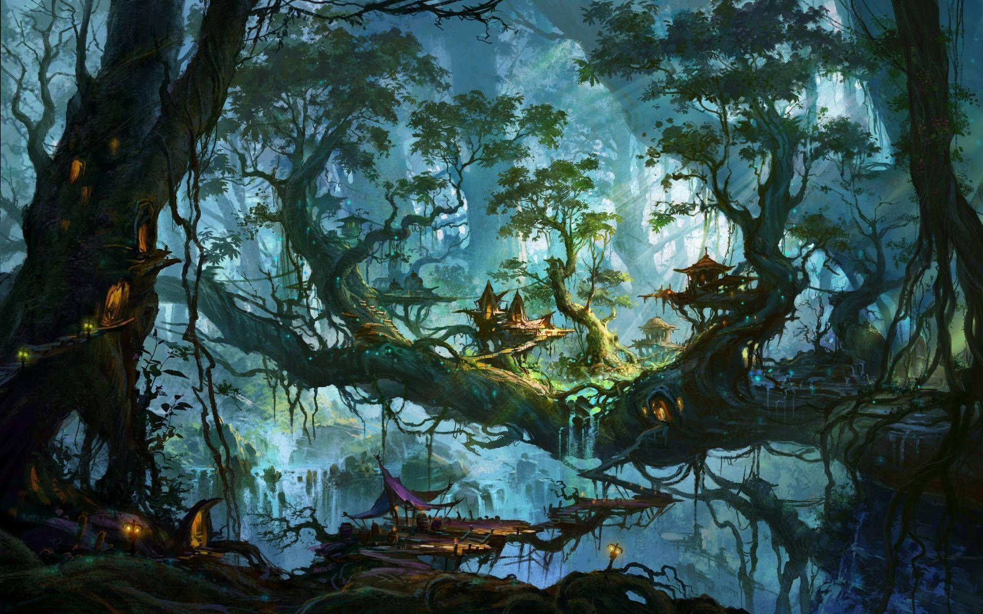 tiny village, enchanted forest, mystical treehouse village, Full HD Desktop Wallpaper