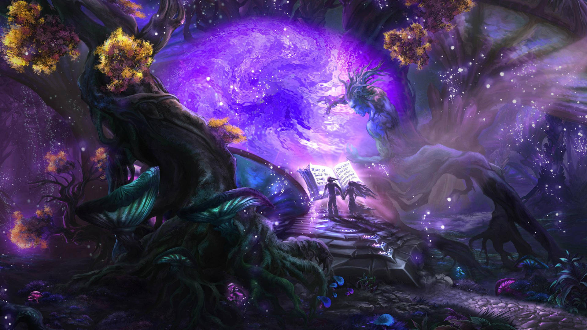 Enchanted Forest, magic portal, glowing purple cosmic sphere, Full HD Desktop Wallpaper