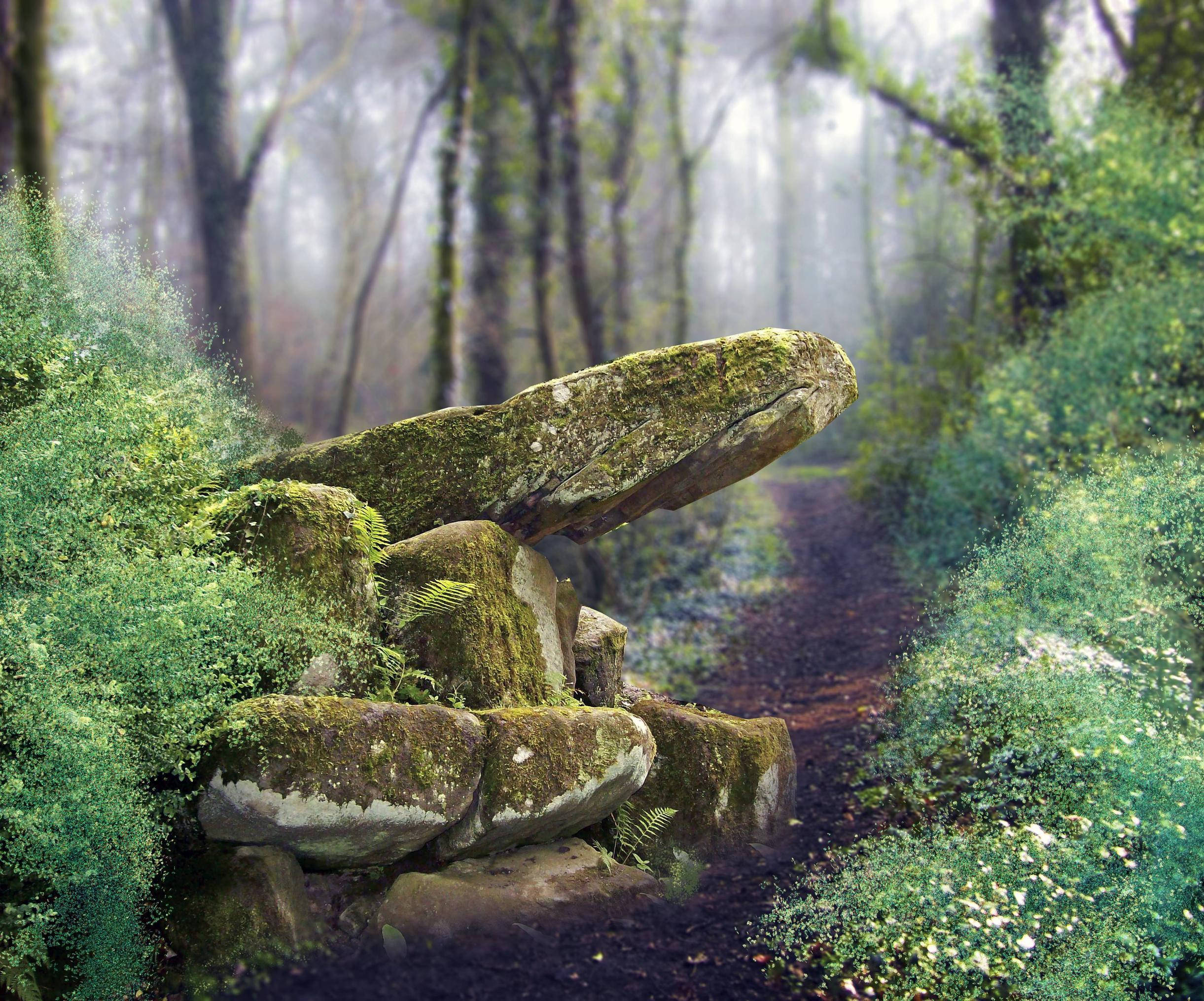mossy rocks, enchanted forest, stone cairn, Full HD Desktop Wallpaper