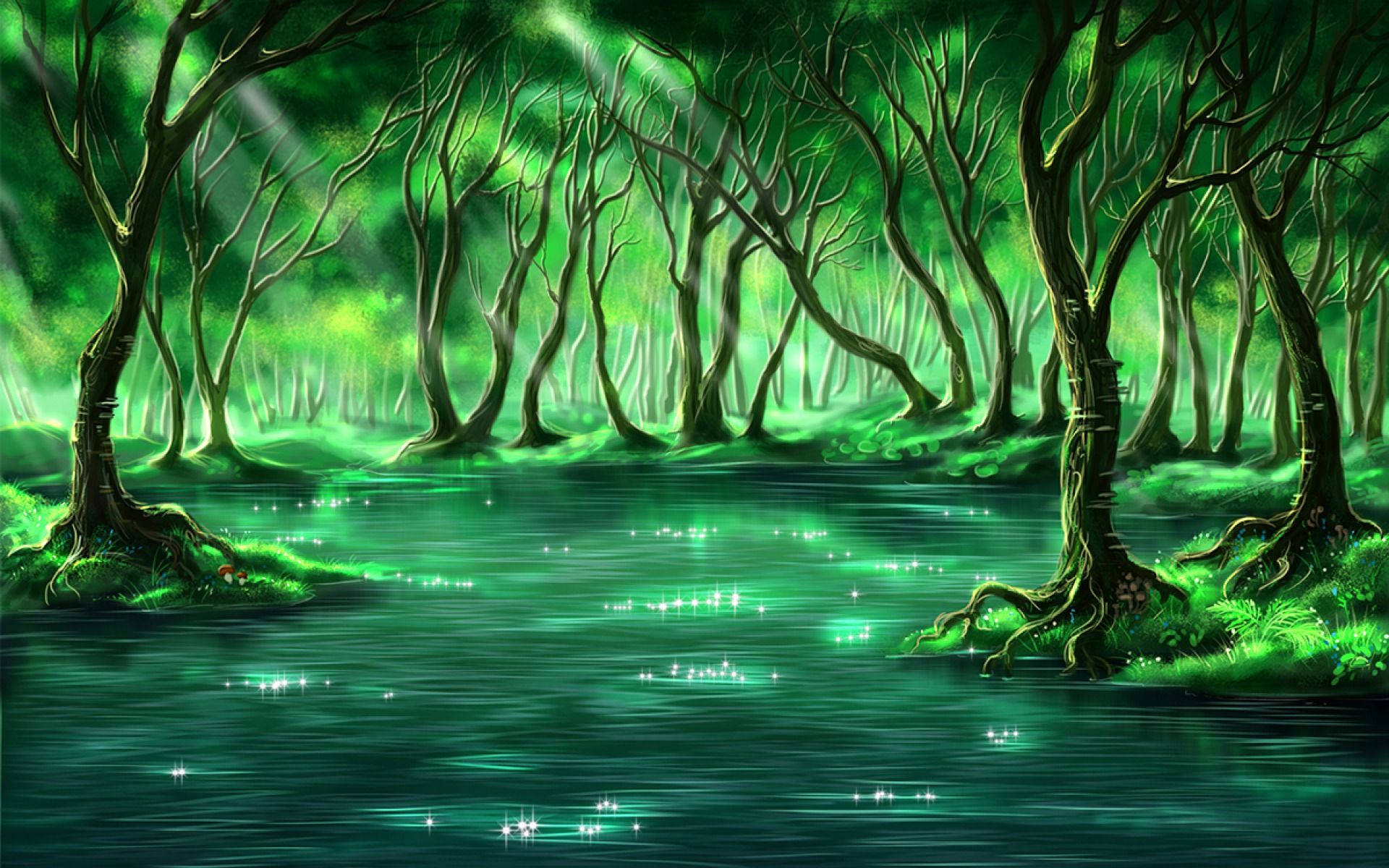 enchanted forest, glowing green trees, sparkling water, Full HD Desktop Wallpaper